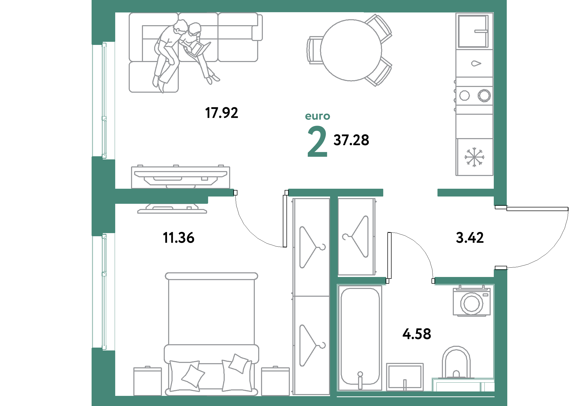 ЖК "Остров-сад"-2-комнатная 37.28 м²