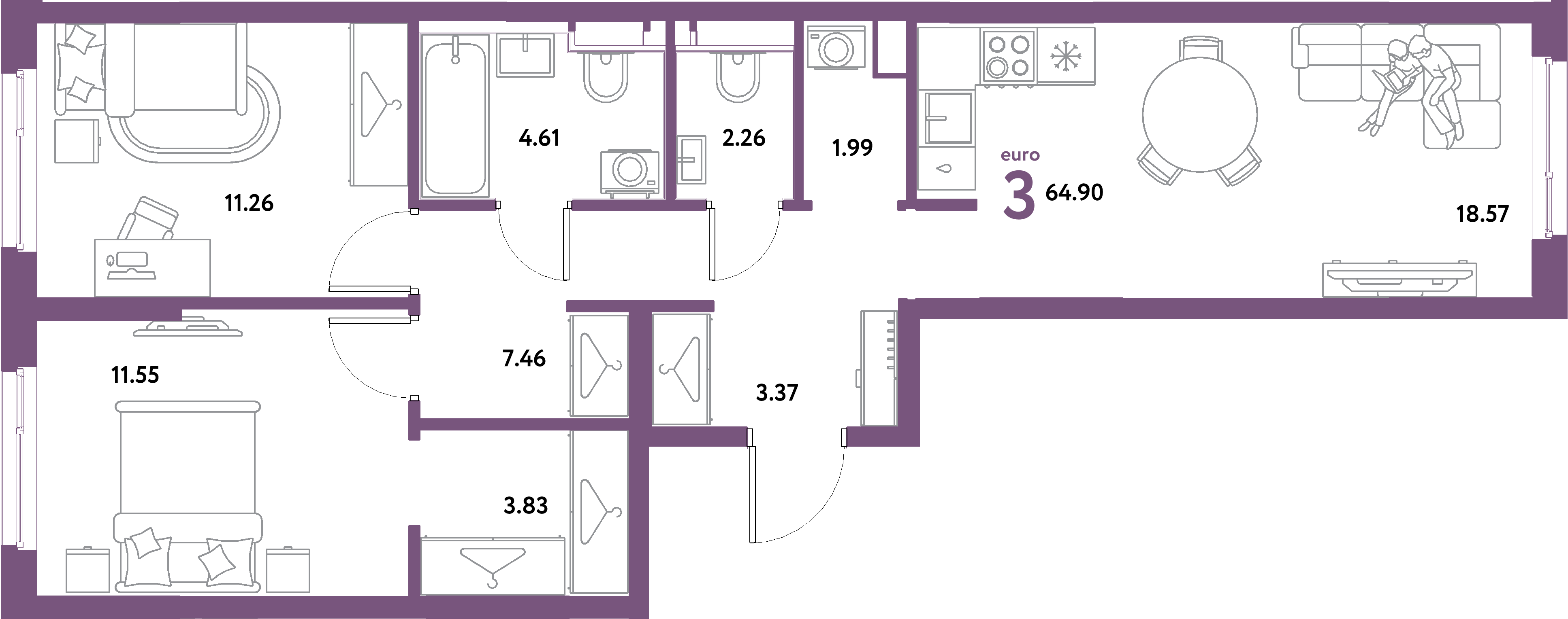 ЖК "Остров-сад"-3-комнатная 64.9 м²
