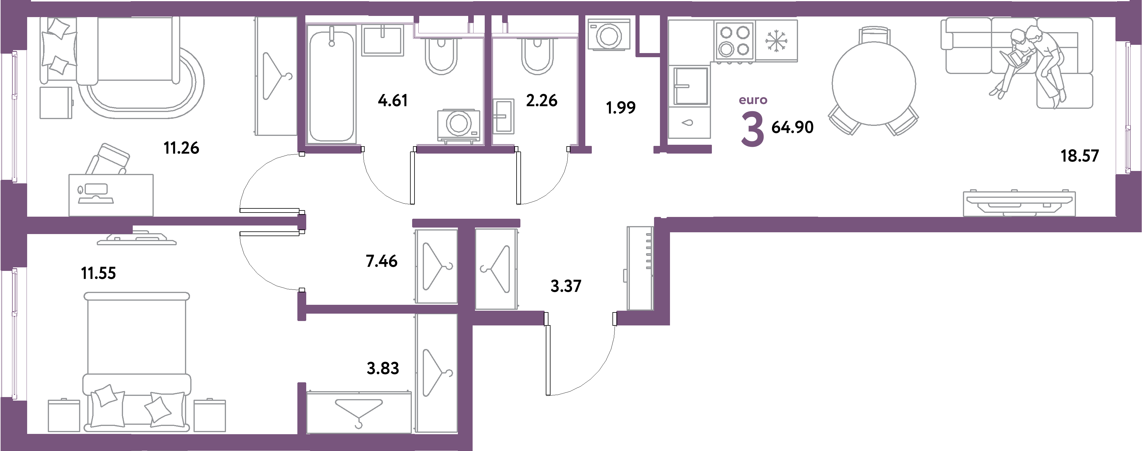 ЖК "Остров-сад"-3-комнатная 64.9 м²