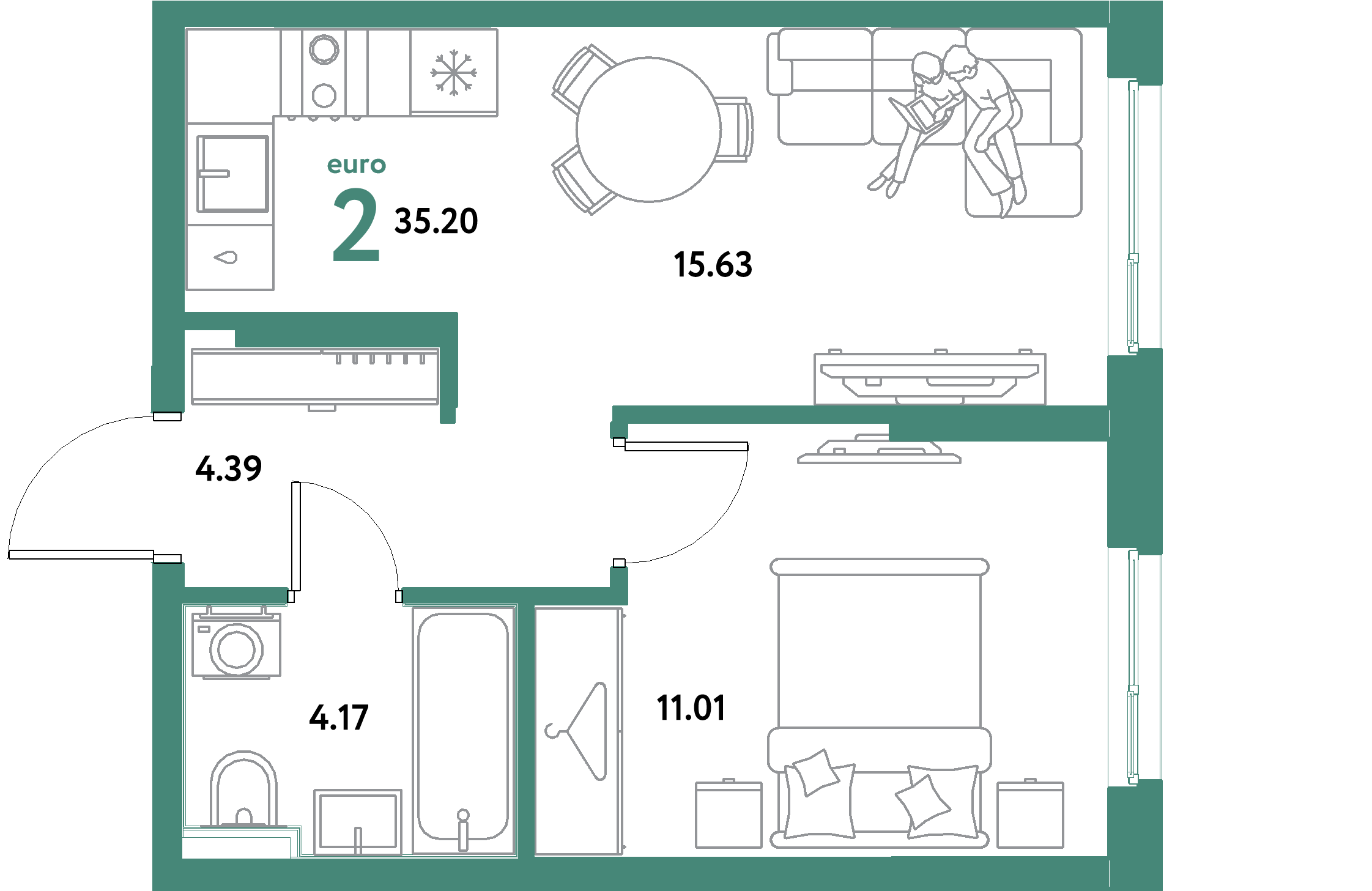 ЖК "Остров-сад"-2-комнатная 35.2 м²
