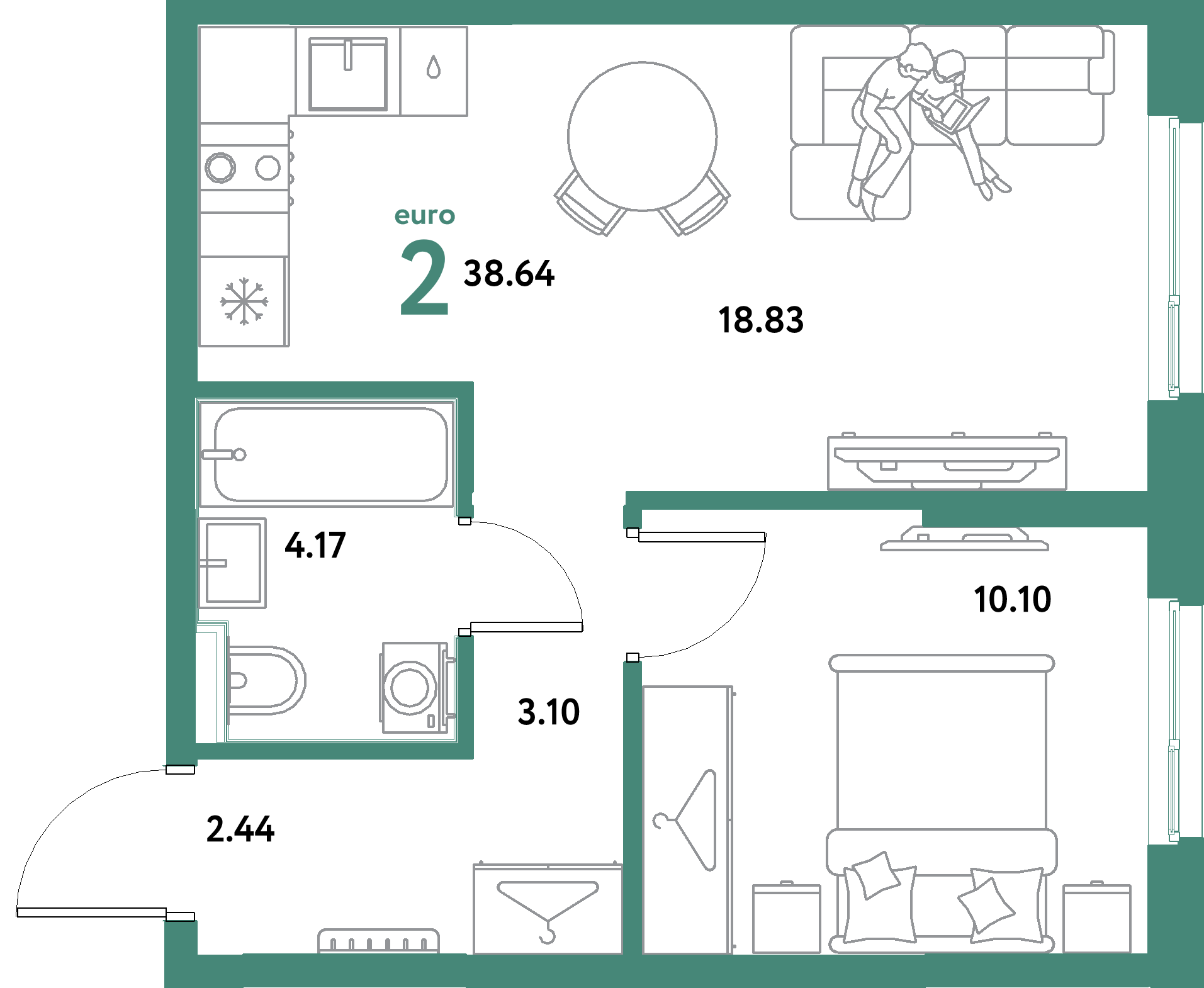 ЖК "Остров-сад"-2-комнатная 38.64 м²