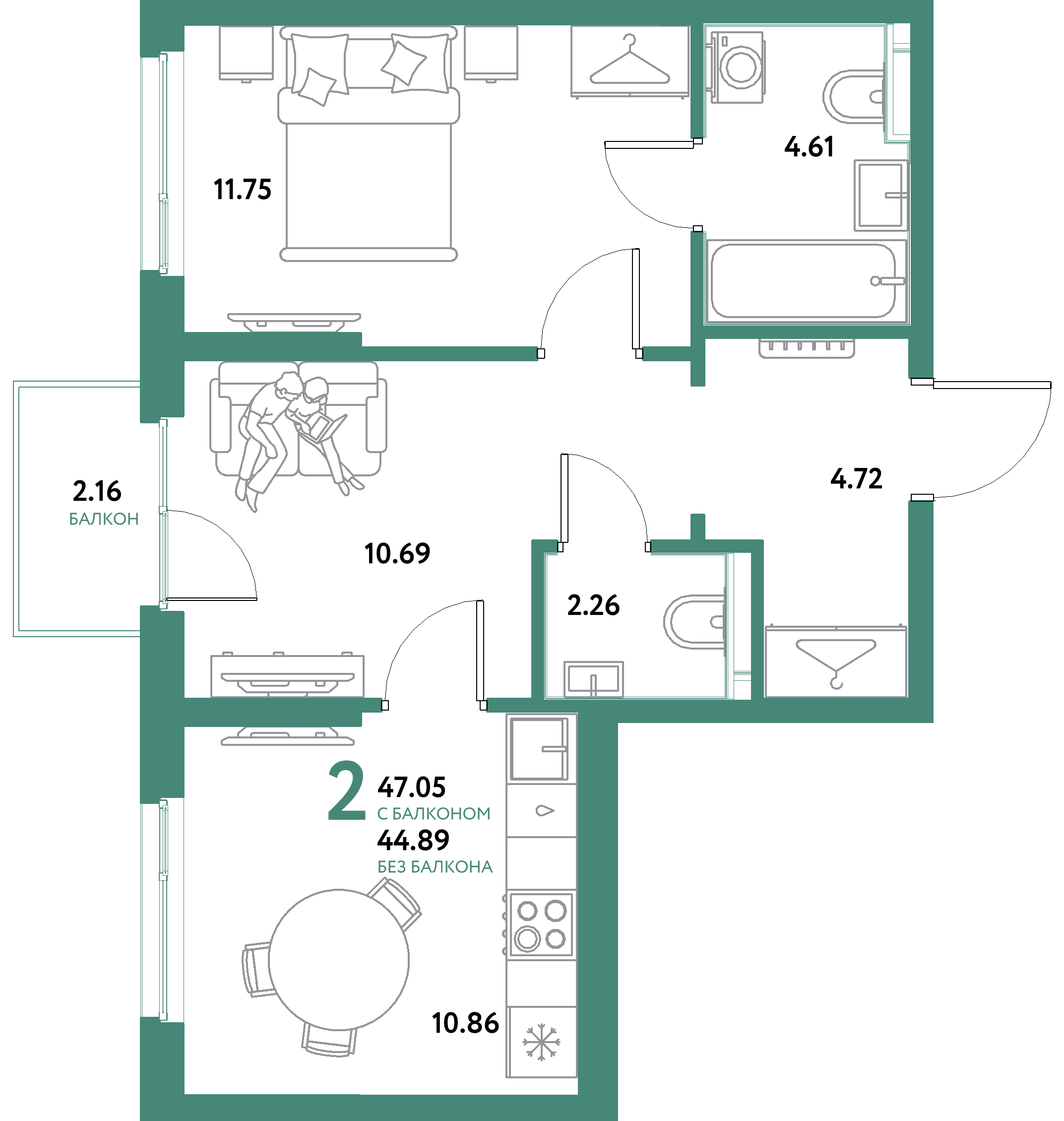 ЖК "Остров-сад"-2-комнатная 47.05 м²