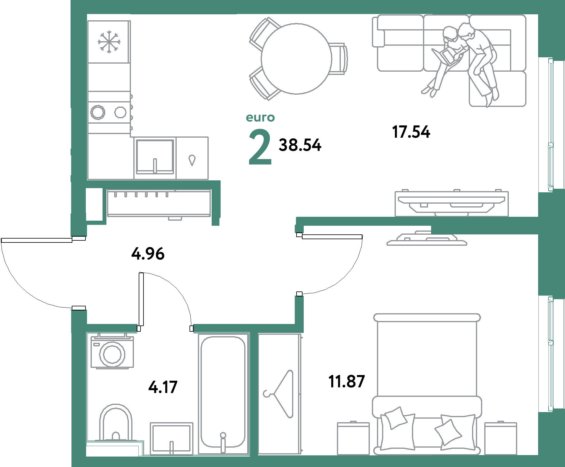 ЖК "Остров-сад"-2-комнатная 38.54 м²