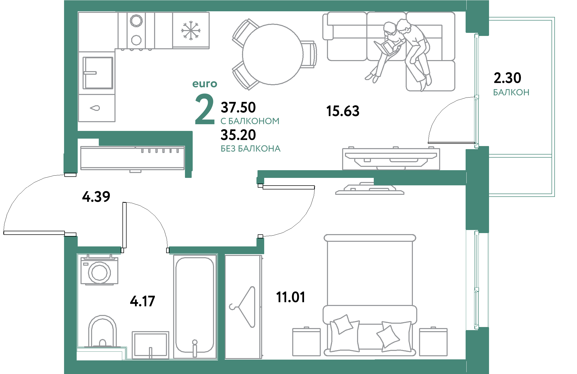 ЖК "Остров-сад"-2-комнатная 37.5 м²