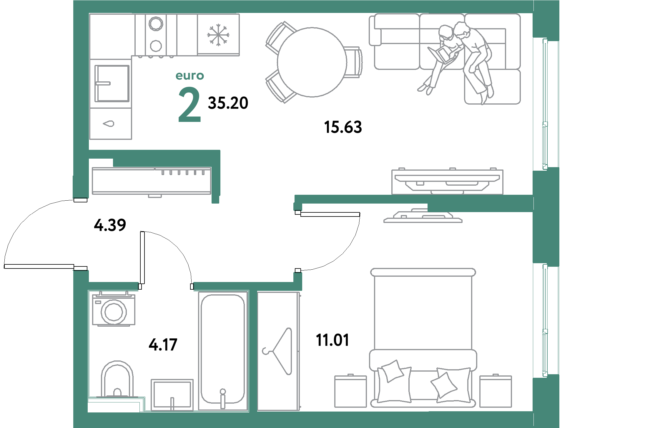 ЖК "Остров-сад"-2-комнатная 35.2 м²