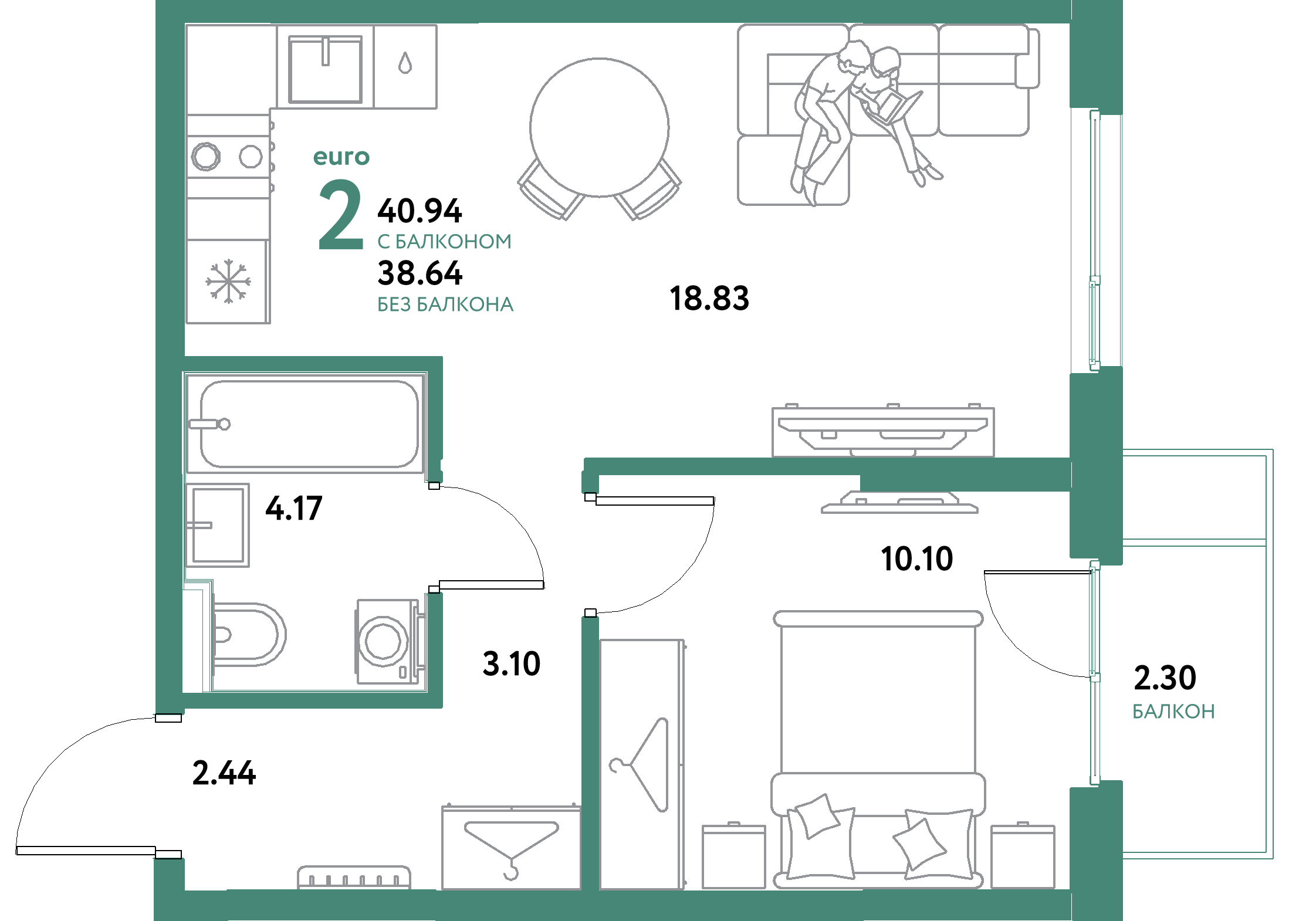 ЖК "Остров-сад"-2-комнатная 40.94 м²