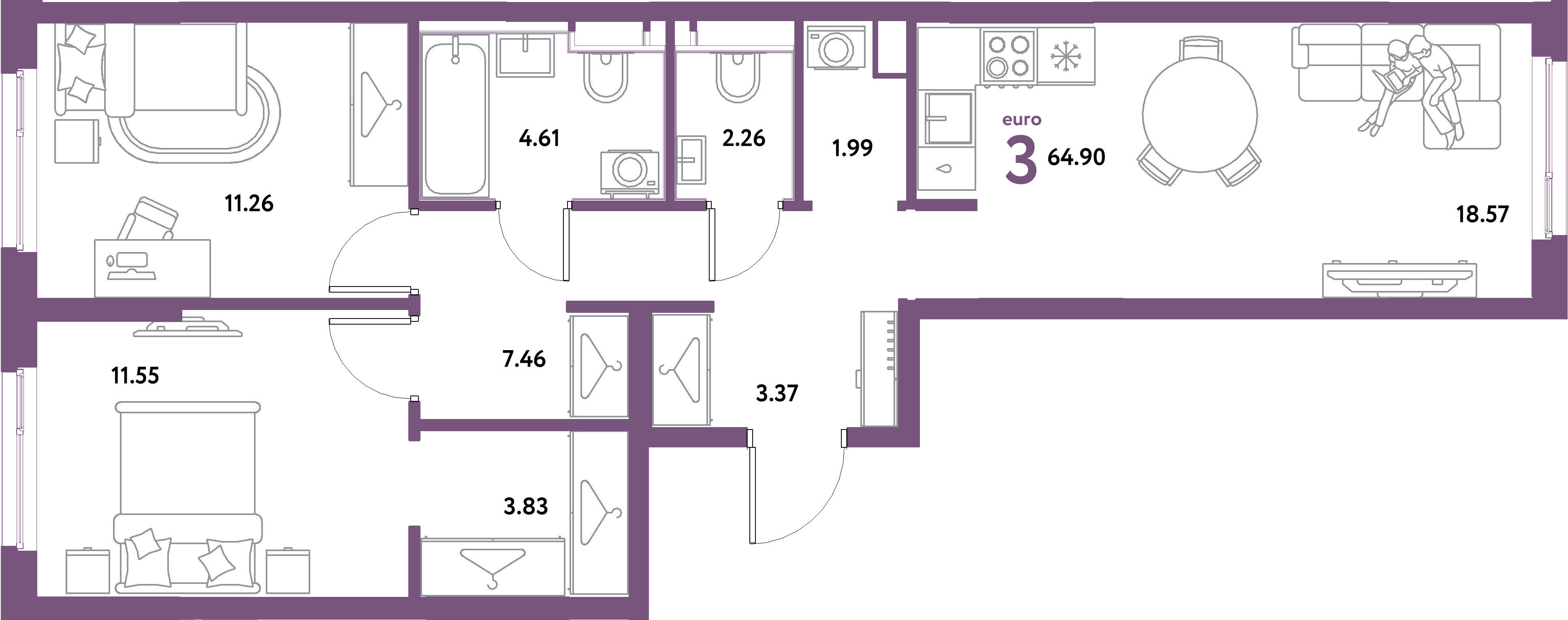 ЖК "Остров-сад"-3-комнатная 64.9 м²