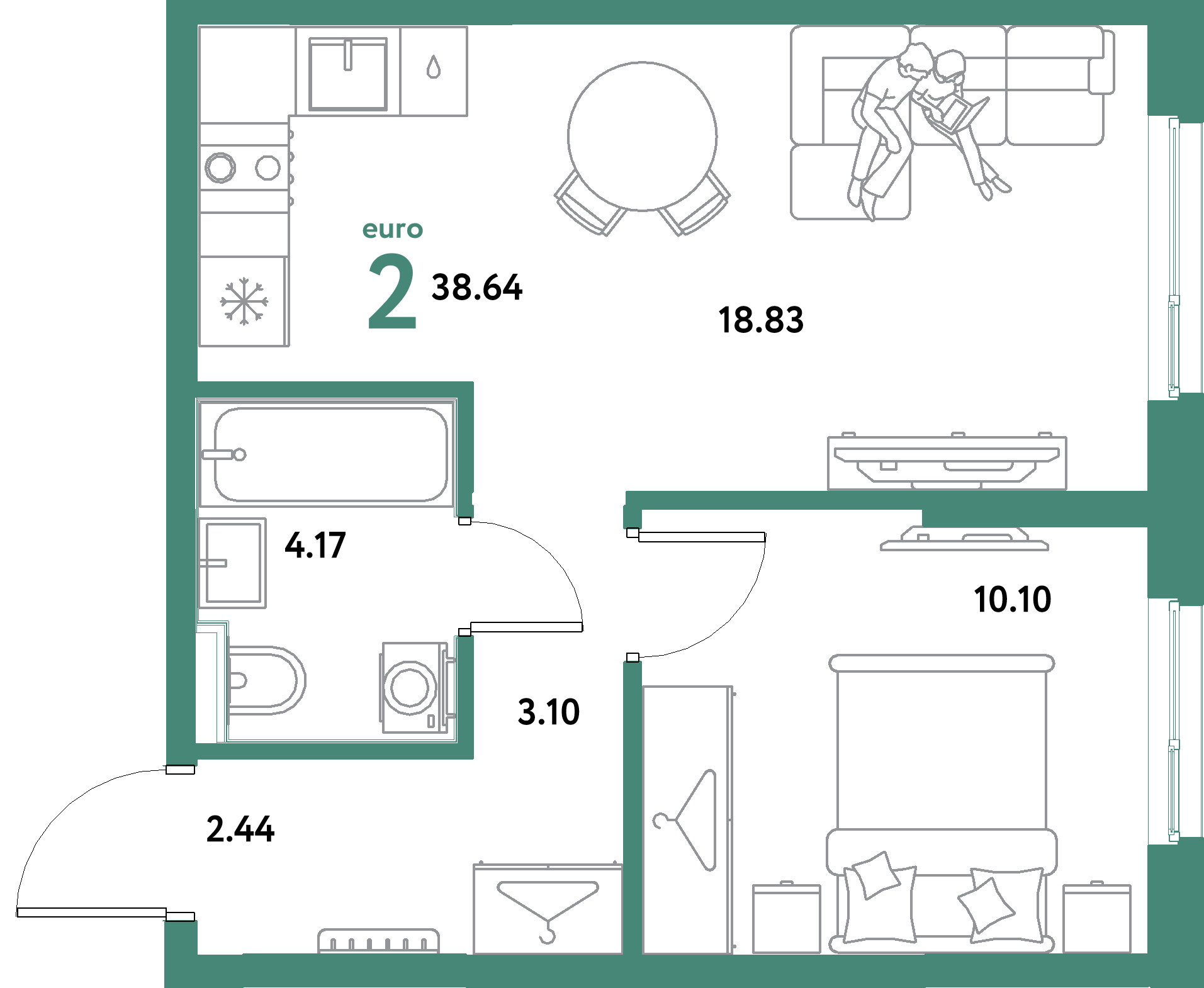 ЖК "Остров-сад"-2-комнатная 38.64 м²