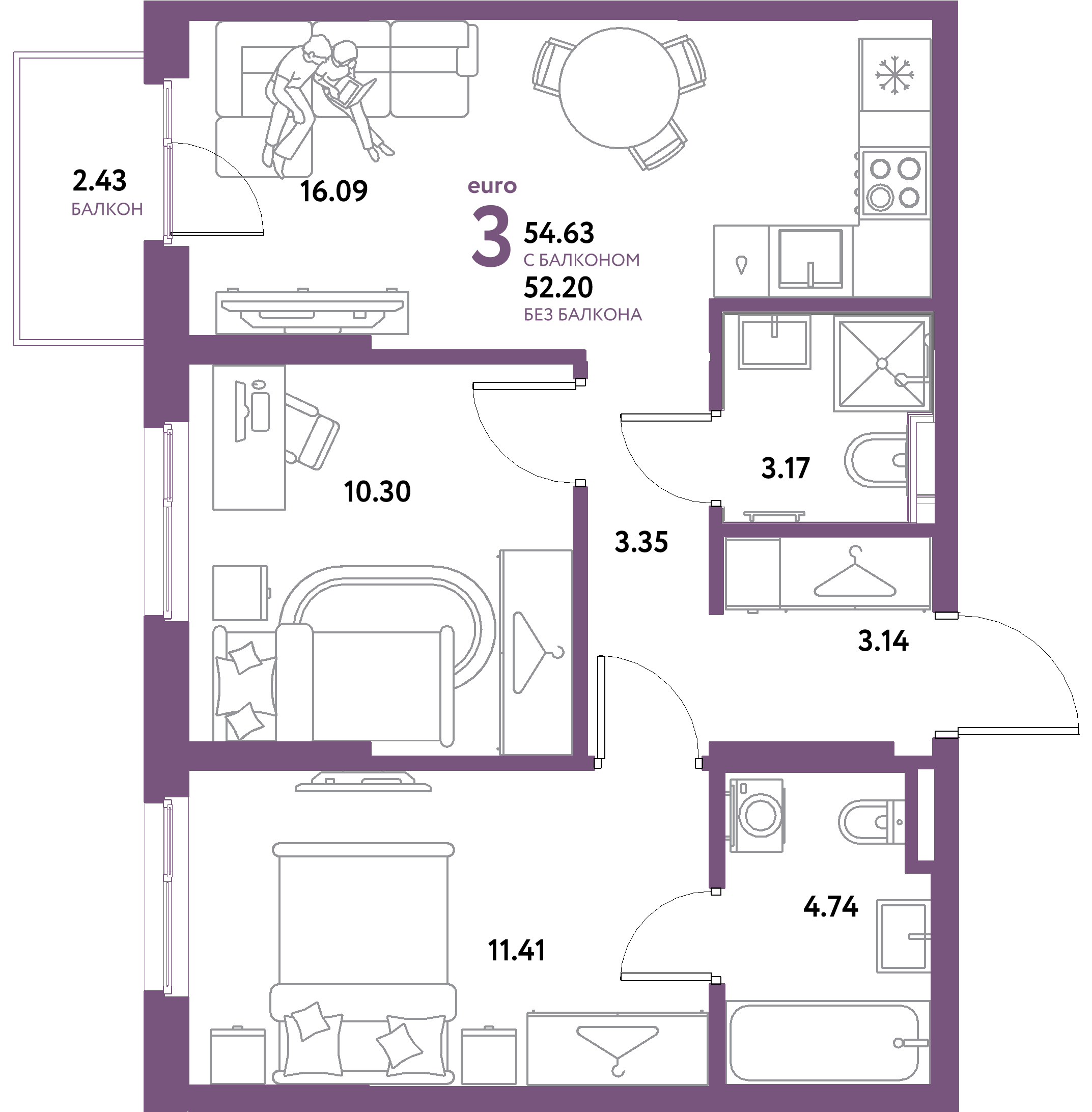 ЖК "Остров-сад"-3-комнатная 54.63 м²