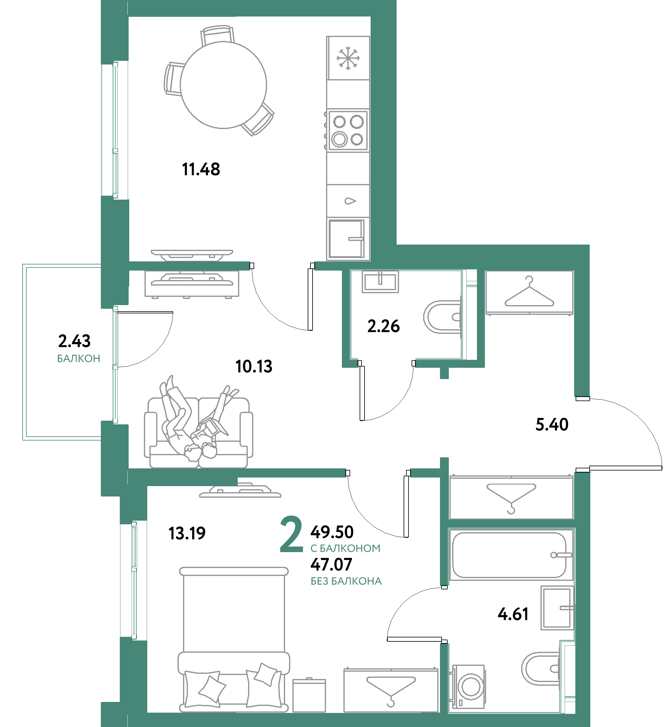 ЖК "Остров-сад"-2-комнатная 49.5 м²