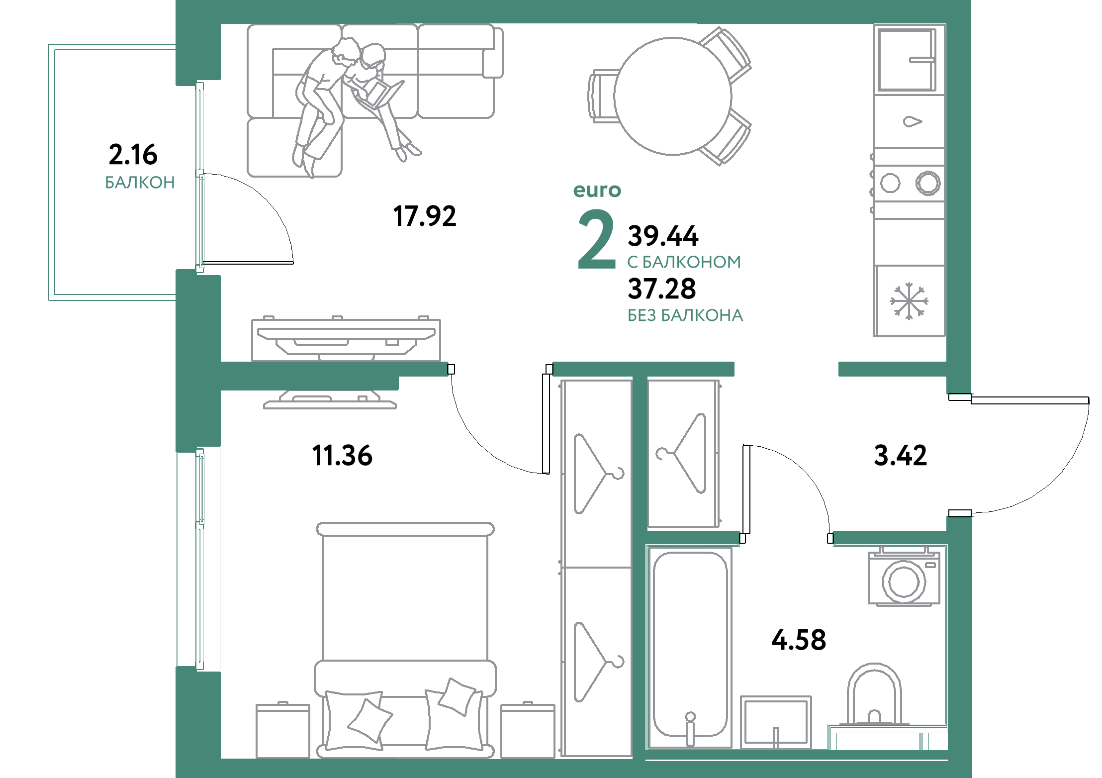 ЖК "Остров-сад"-2-комнатная 39.44 м²