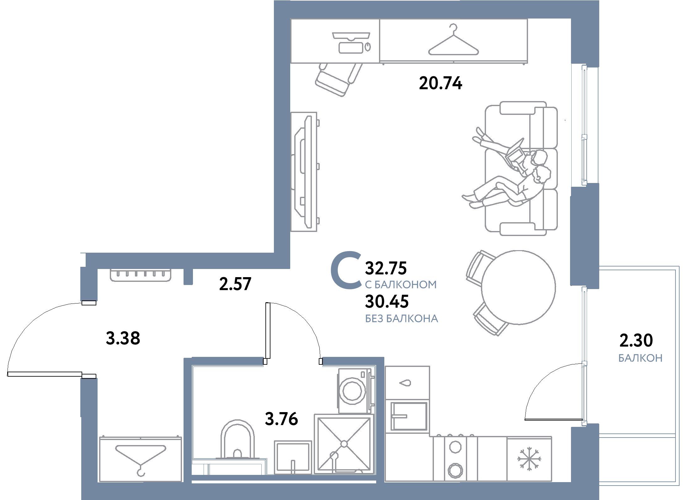 ЖК "Остров-сад"-Студия 32.75 м²