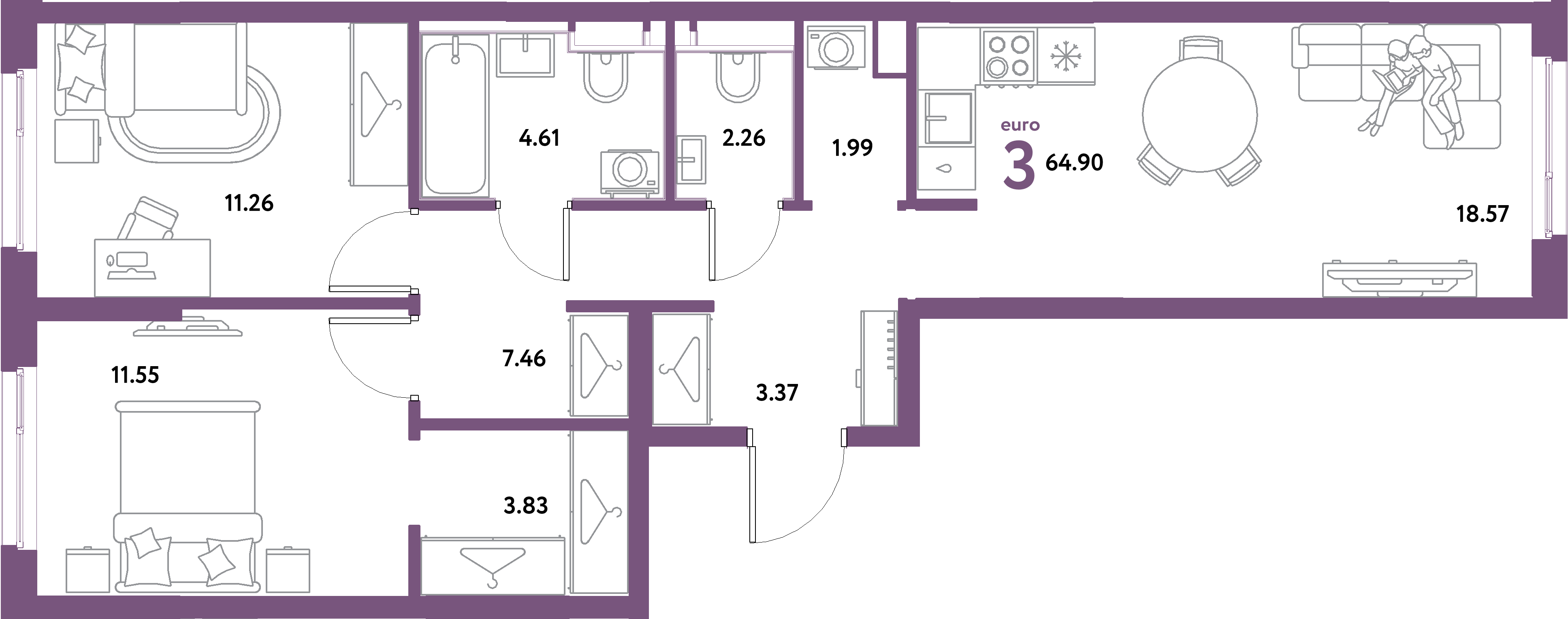 ЖК "Остров-сад"-3-комнатная 64.9 м²