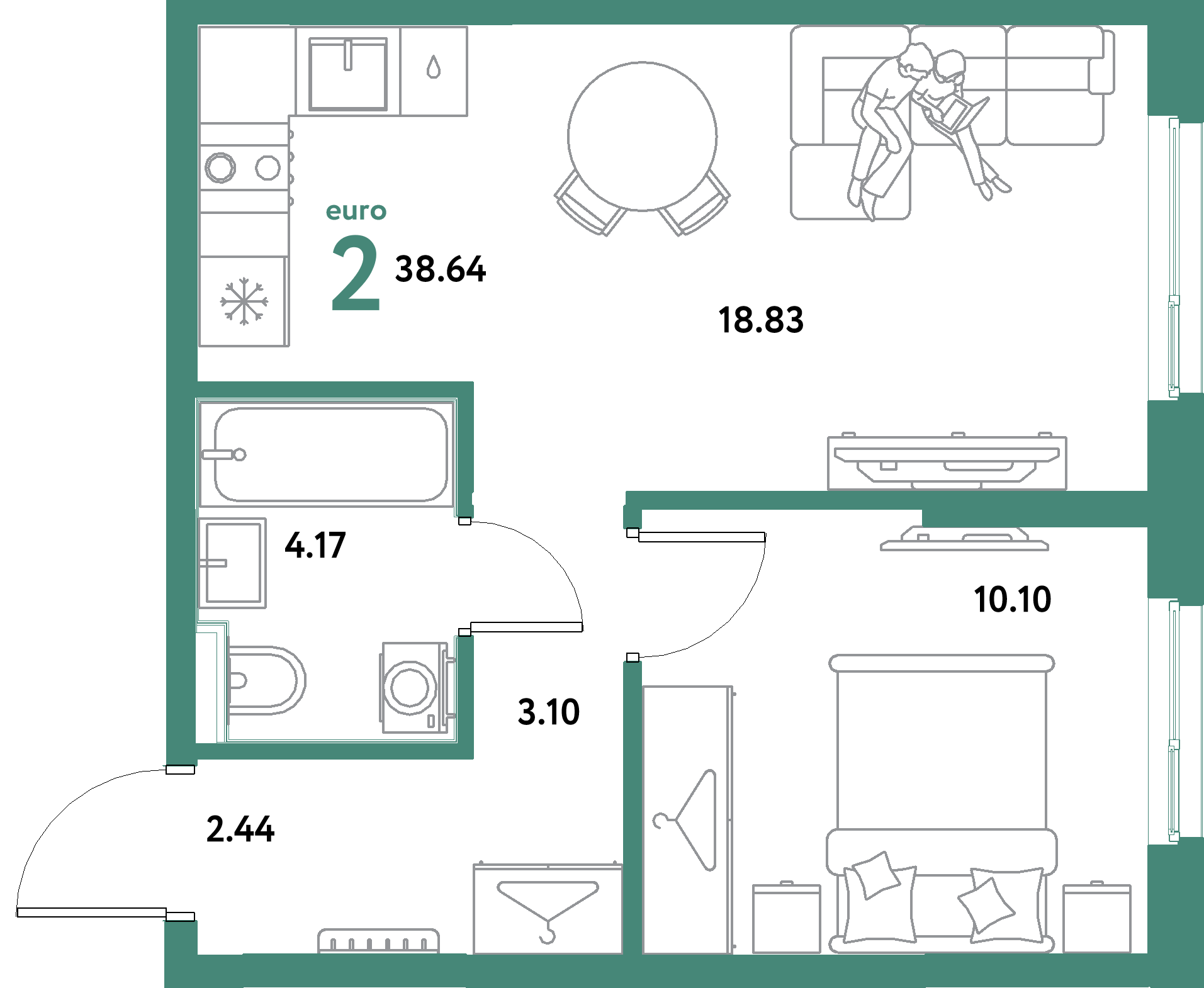 ЖК "Остров-сад"-2-комнатная 38.64 м²