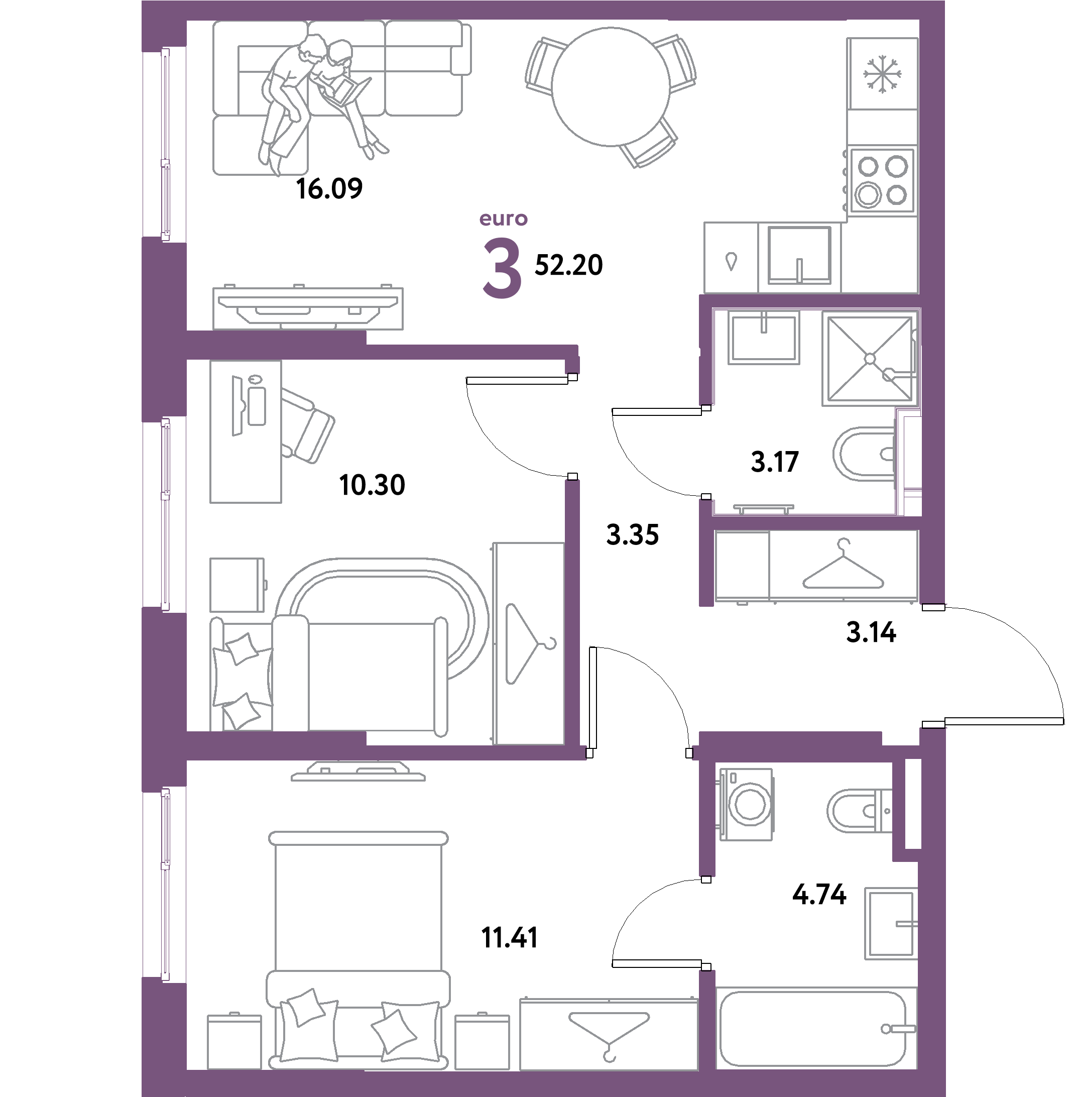 ЖК "Остров-сад"-3-комнатная 52.2 м²