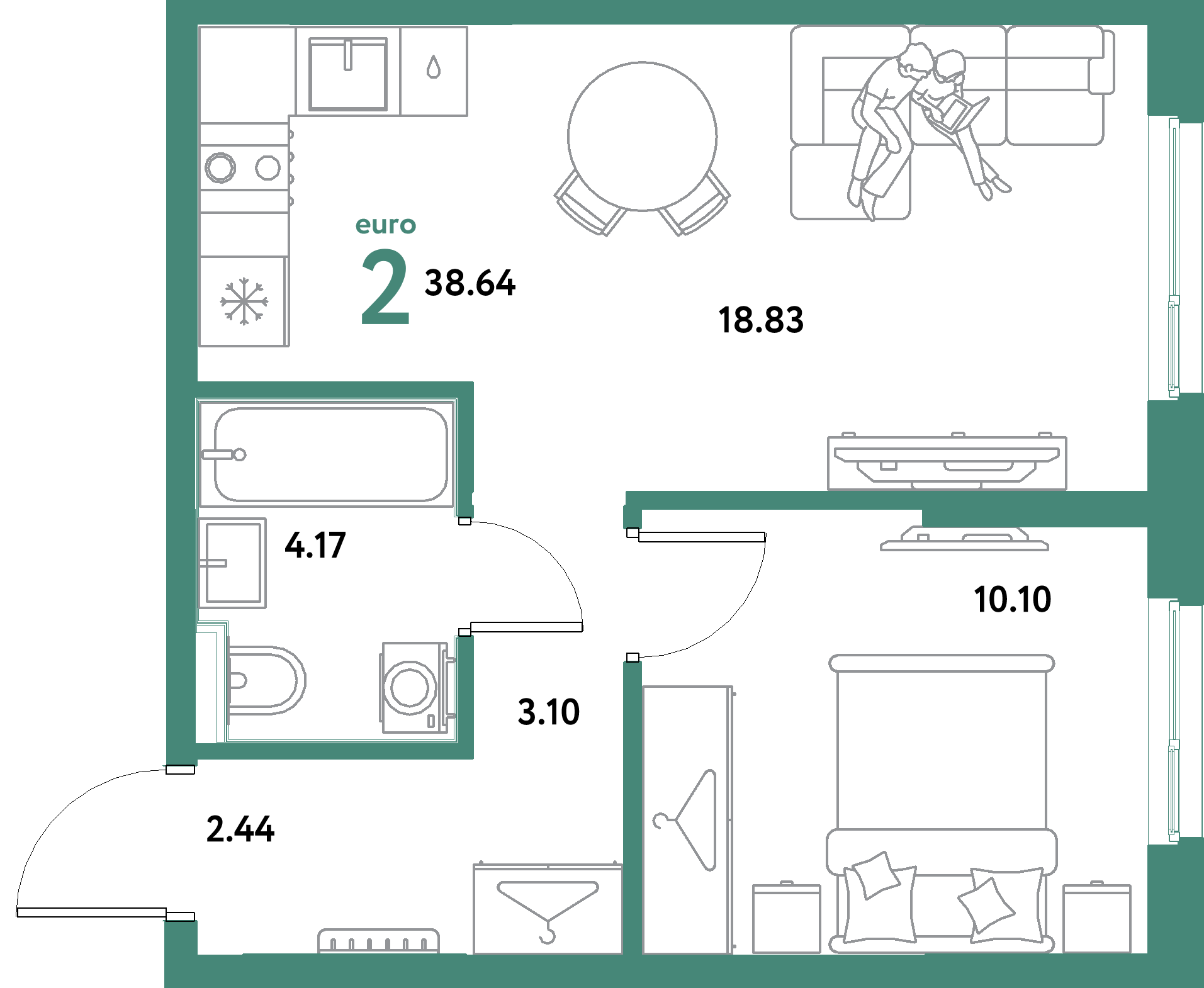 ЖК "Остров-сад"-2-комнатная 38.64 м²