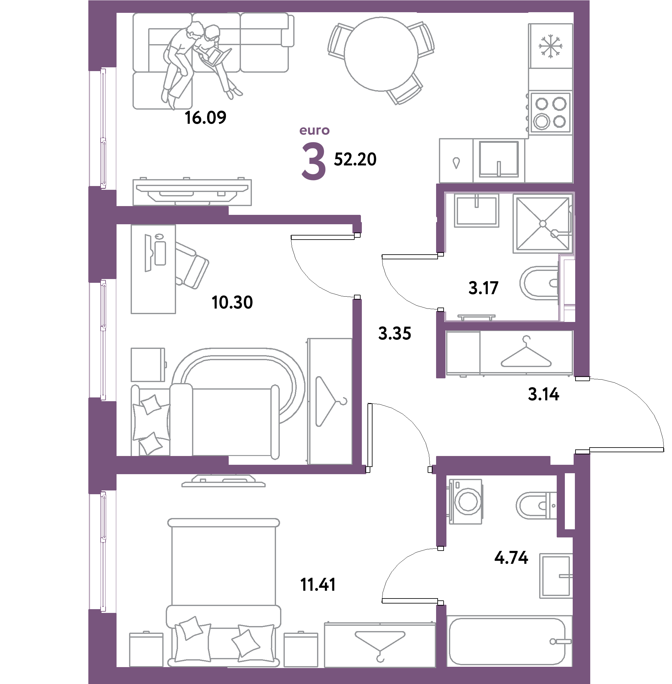 ЖК "Остров-сад"-3-комнатная 52.2 м²