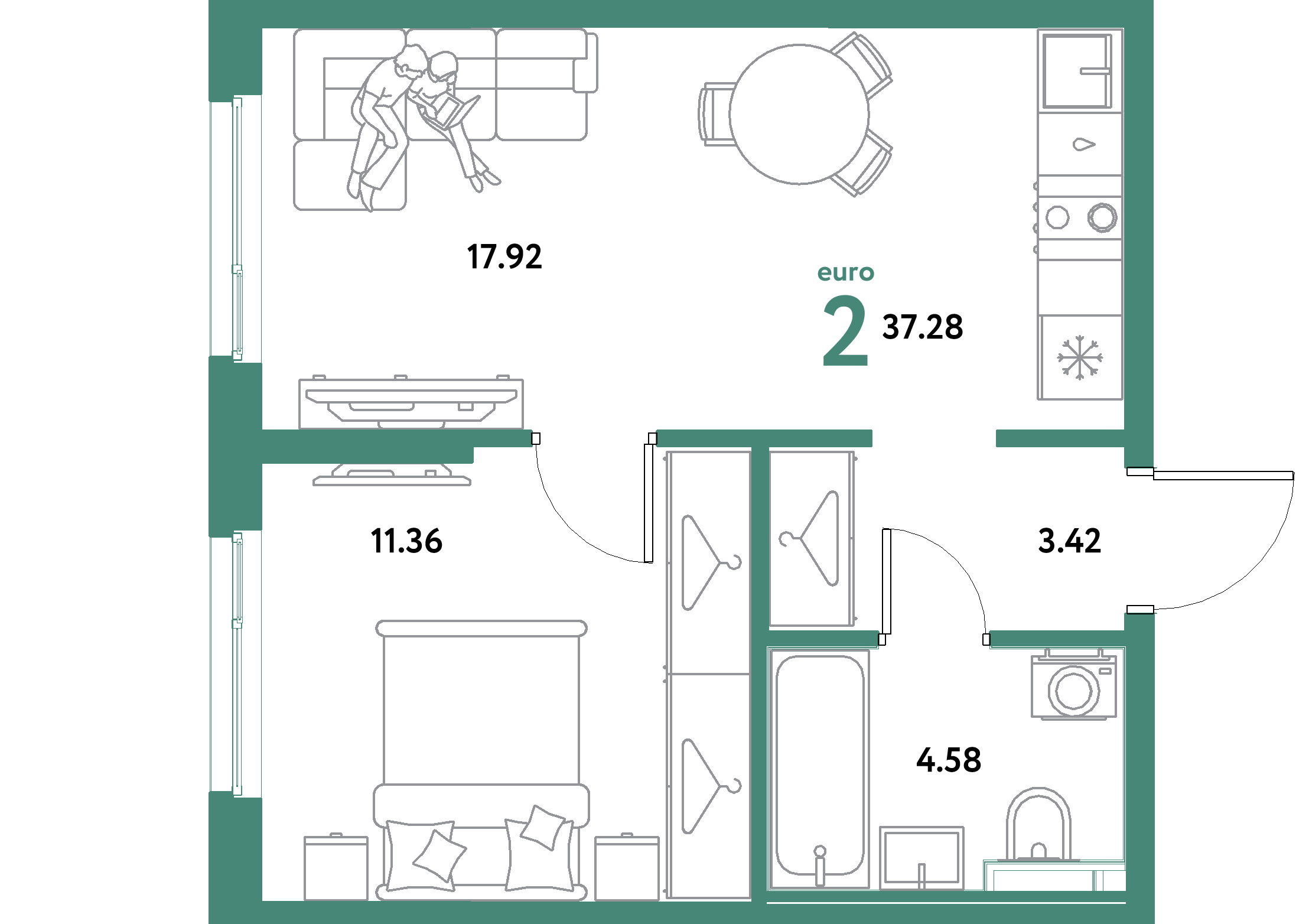 ЖК "Остров-сад"-2-комнатная 37.28 м²