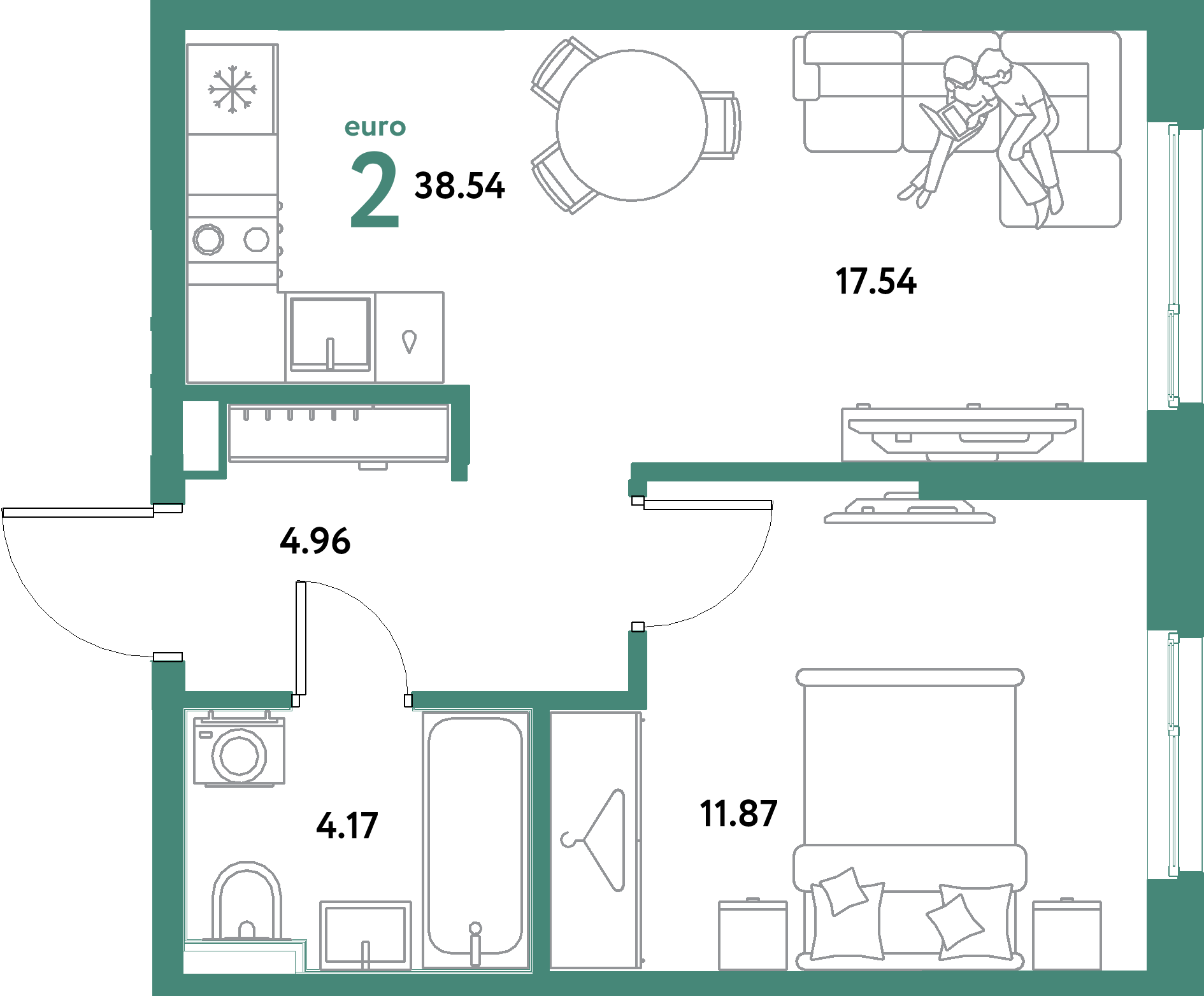 ЖК "Остров-сад"-2-комнатная 38.54 м²