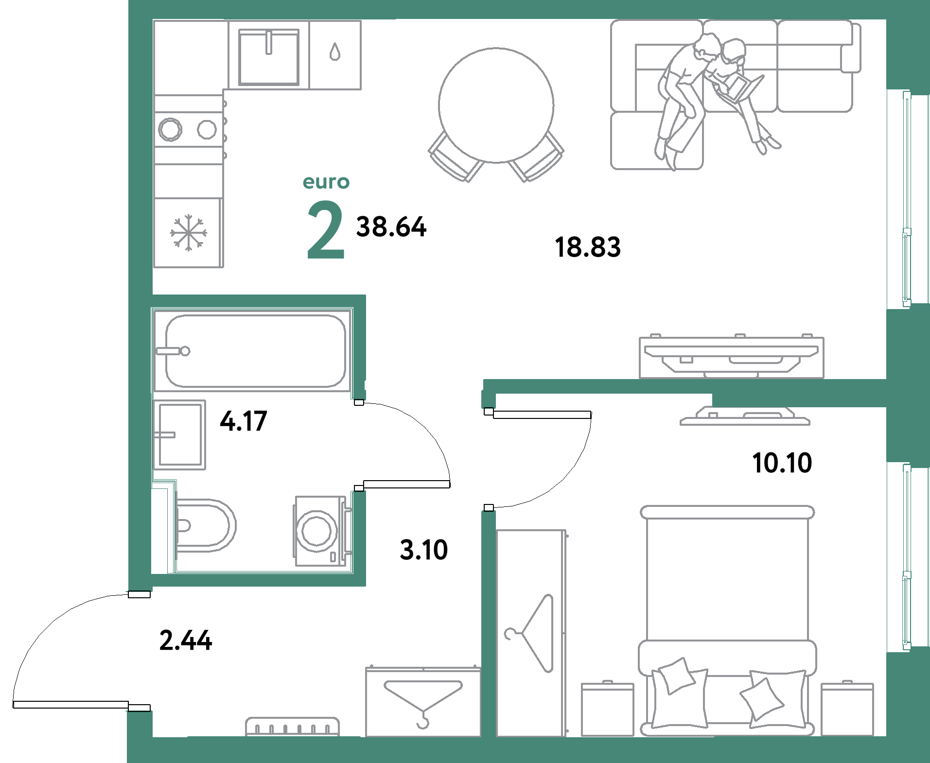 ЖК "Остров-сад"-2-комнатная 38.64 м²