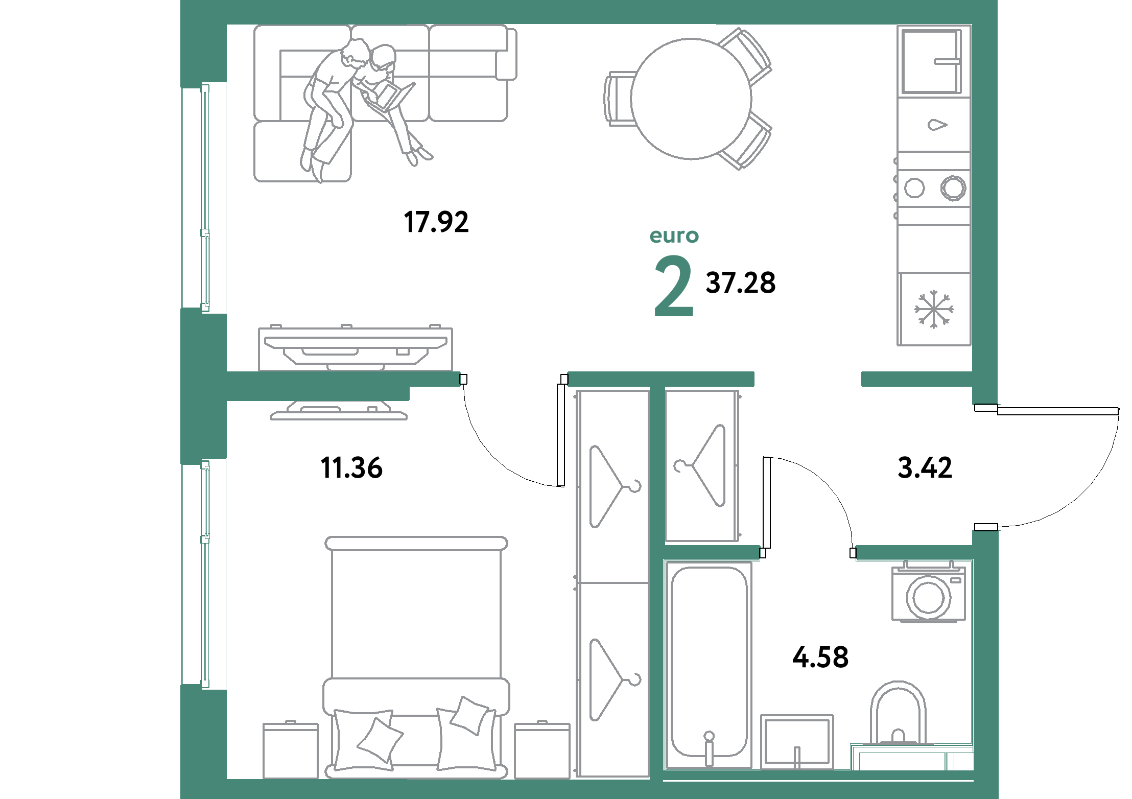 ЖК "Остров-сад"-2-комнатная 37.28 м²