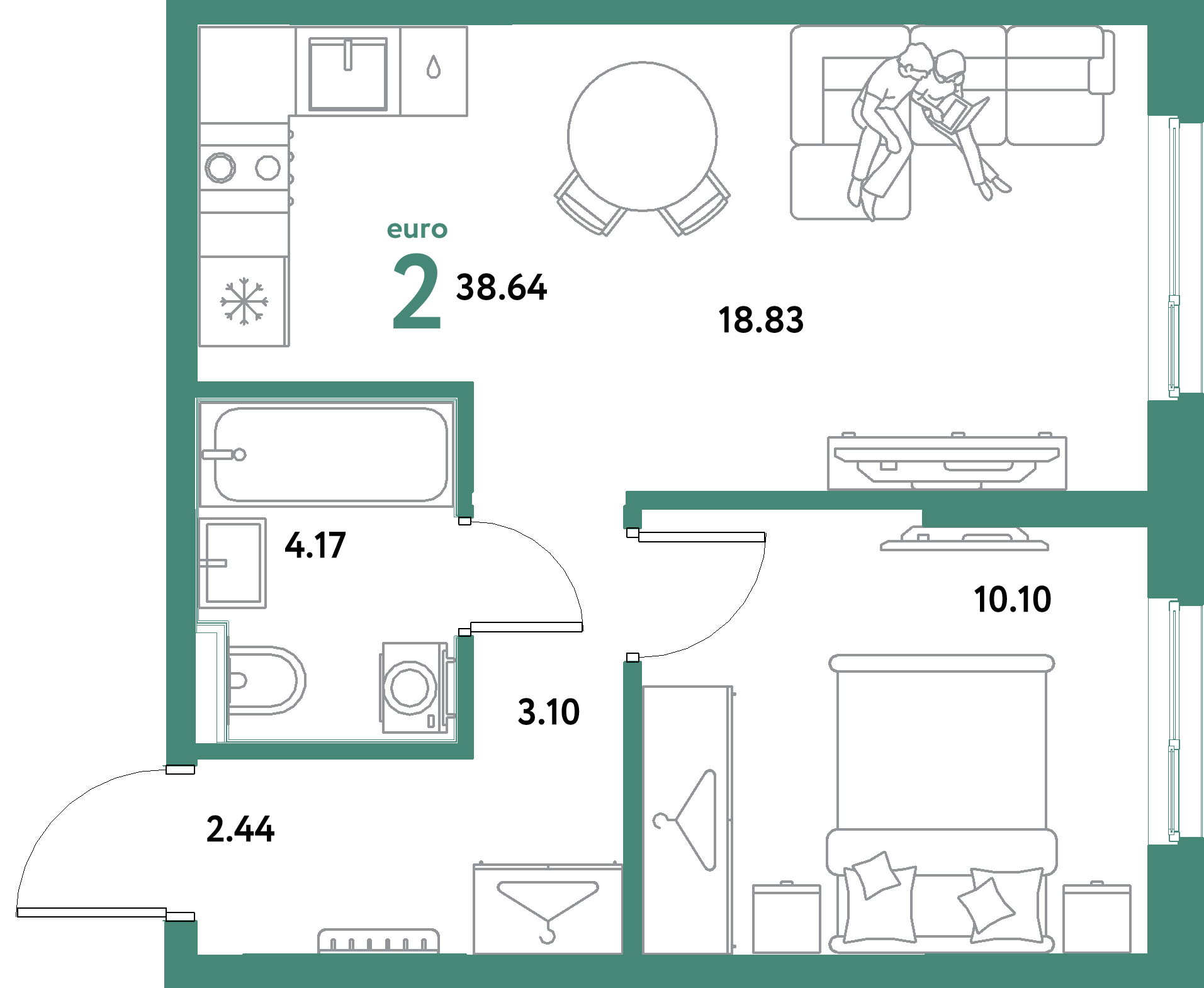 ЖК "Остров-сад"-2-комнатная 38.64 м²