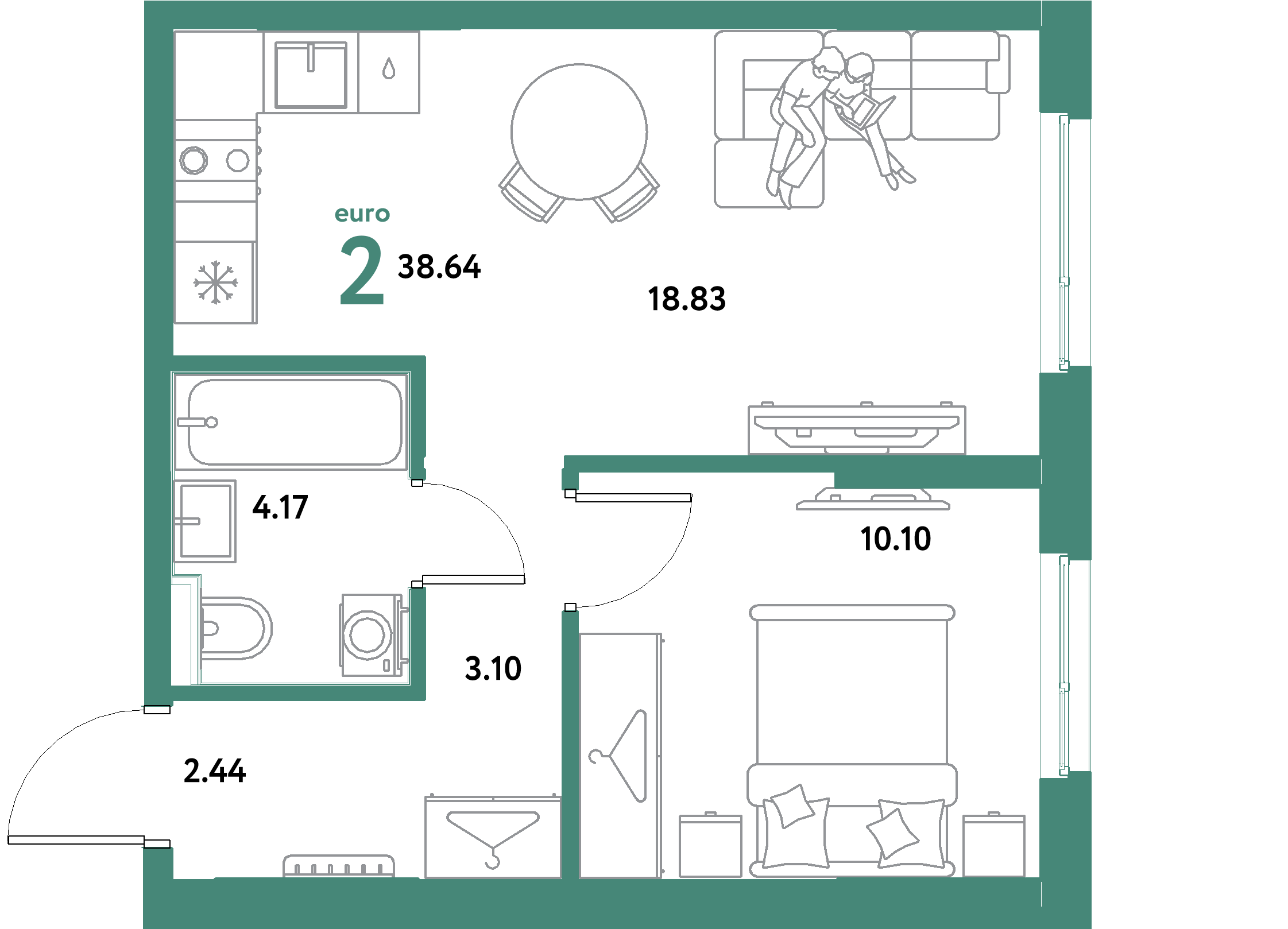 ЖК "Остров-сад"-2-комнатная 38.64 м²