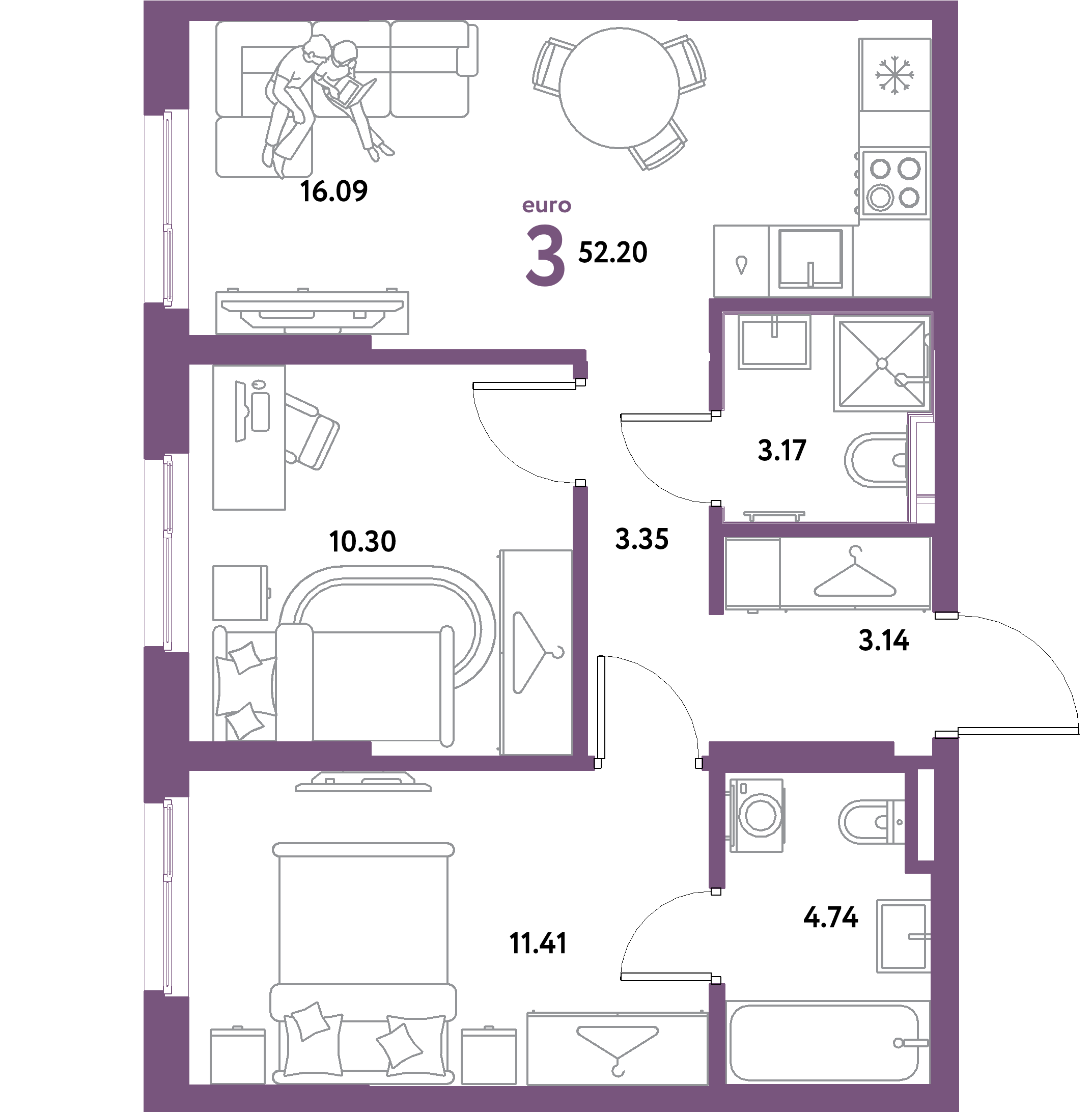 ЖК "Остров-сад"-3-комнатная 52.2 м²