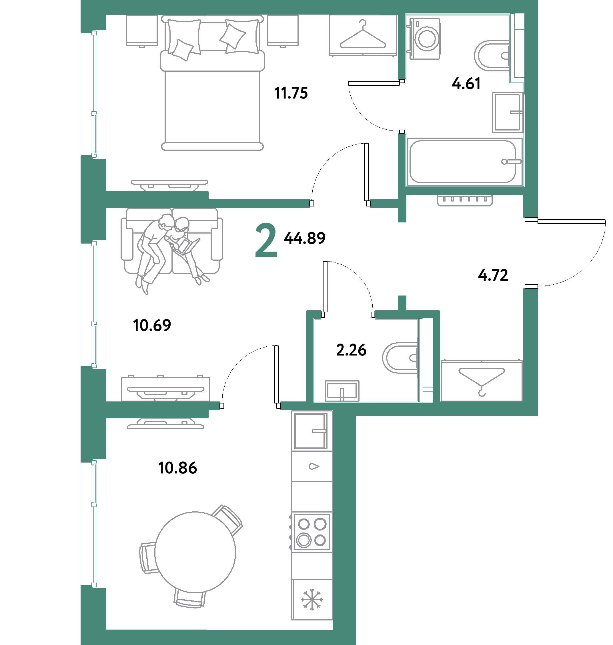 ЖК "Остров-сад"-2-комнатная 44.89 м²