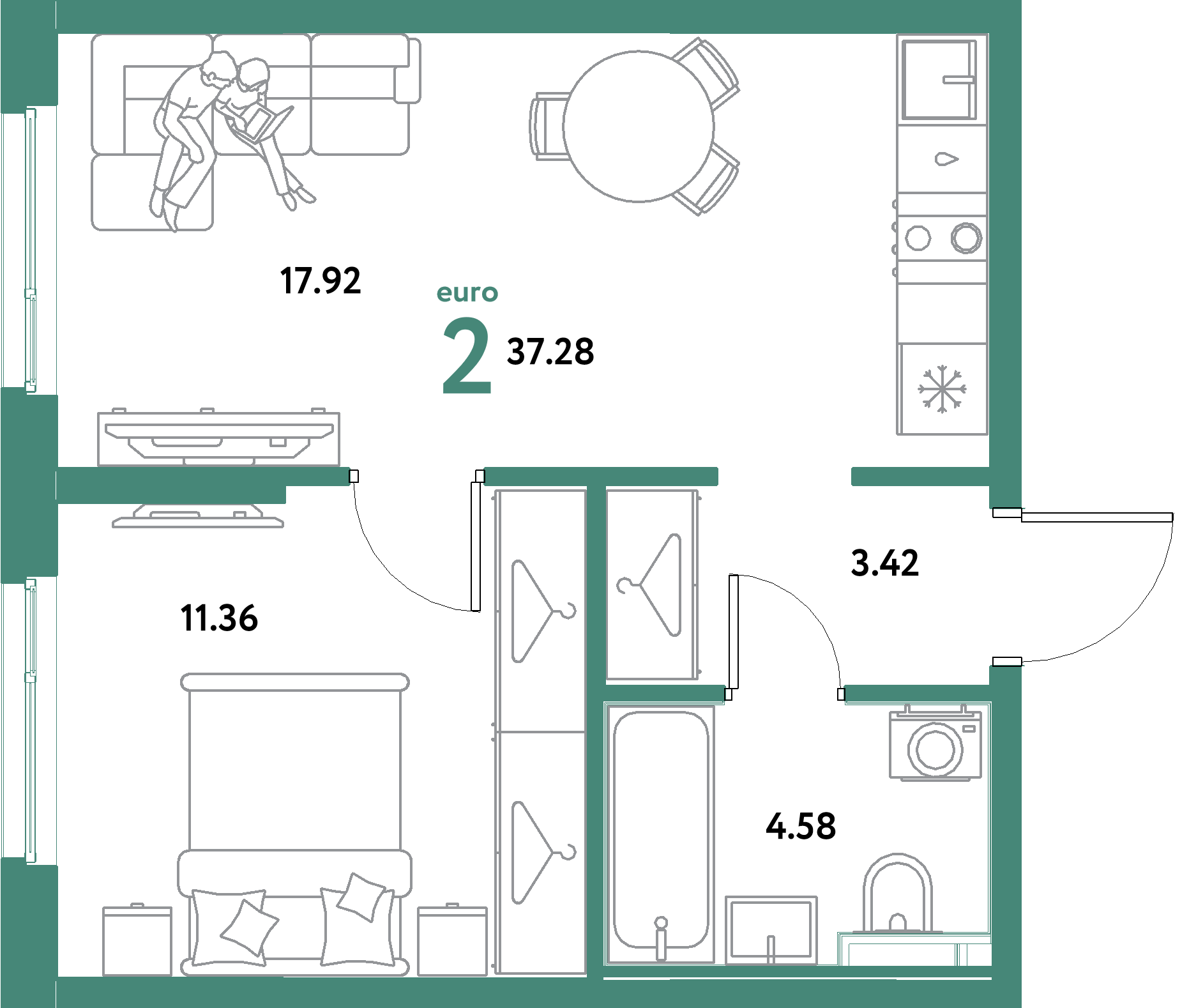 ЖК "Остров-сад"-2-комнатная 37.28 м²