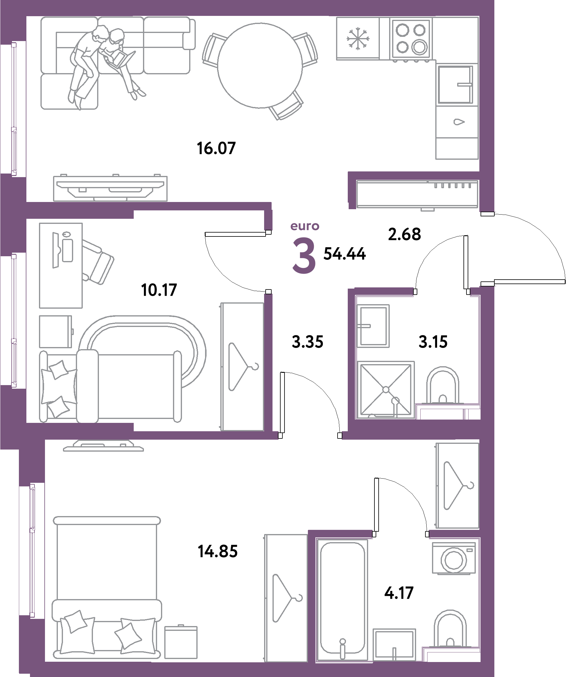 ЖК "Остров-сад"-3-комнатная 54.44 м²