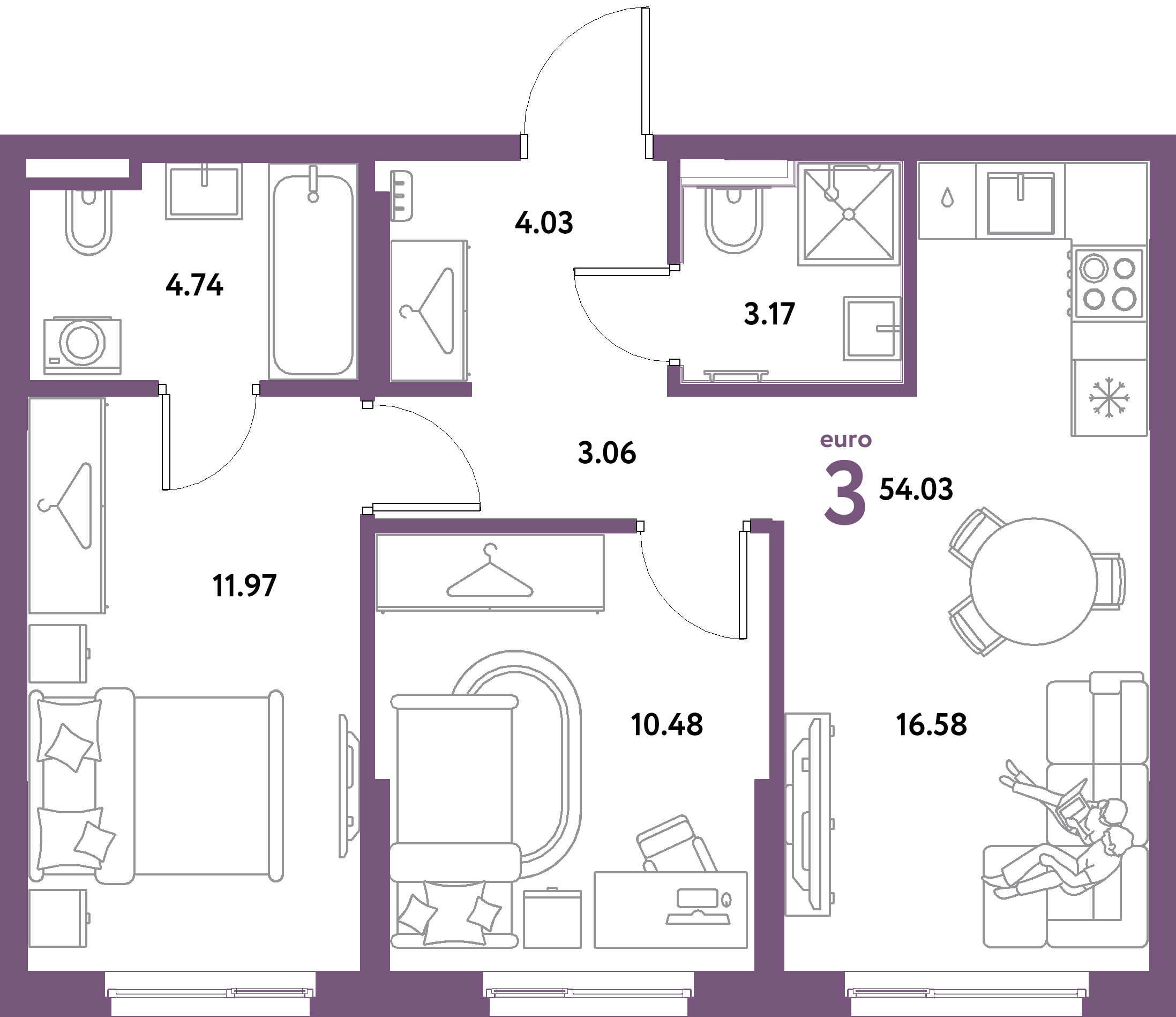 ЖК "Остров-сад"-3-комнатная 54.03 м²