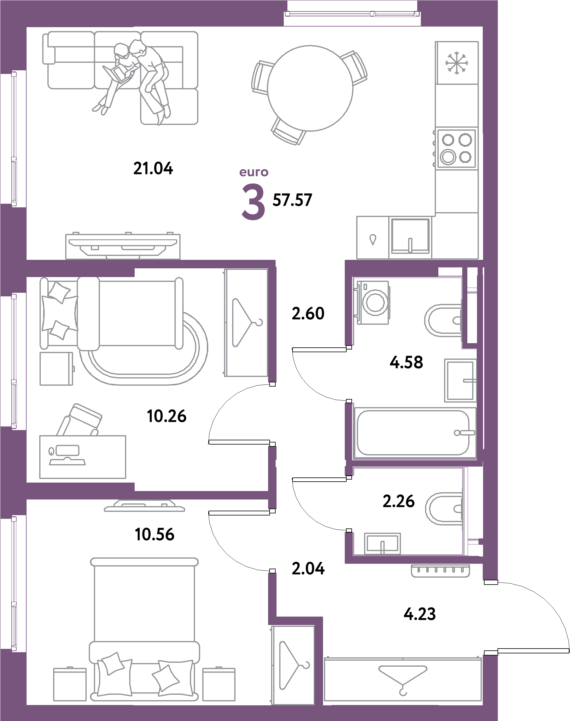 ЖК "Остров-сад"-3-комнатная 57.57 м²