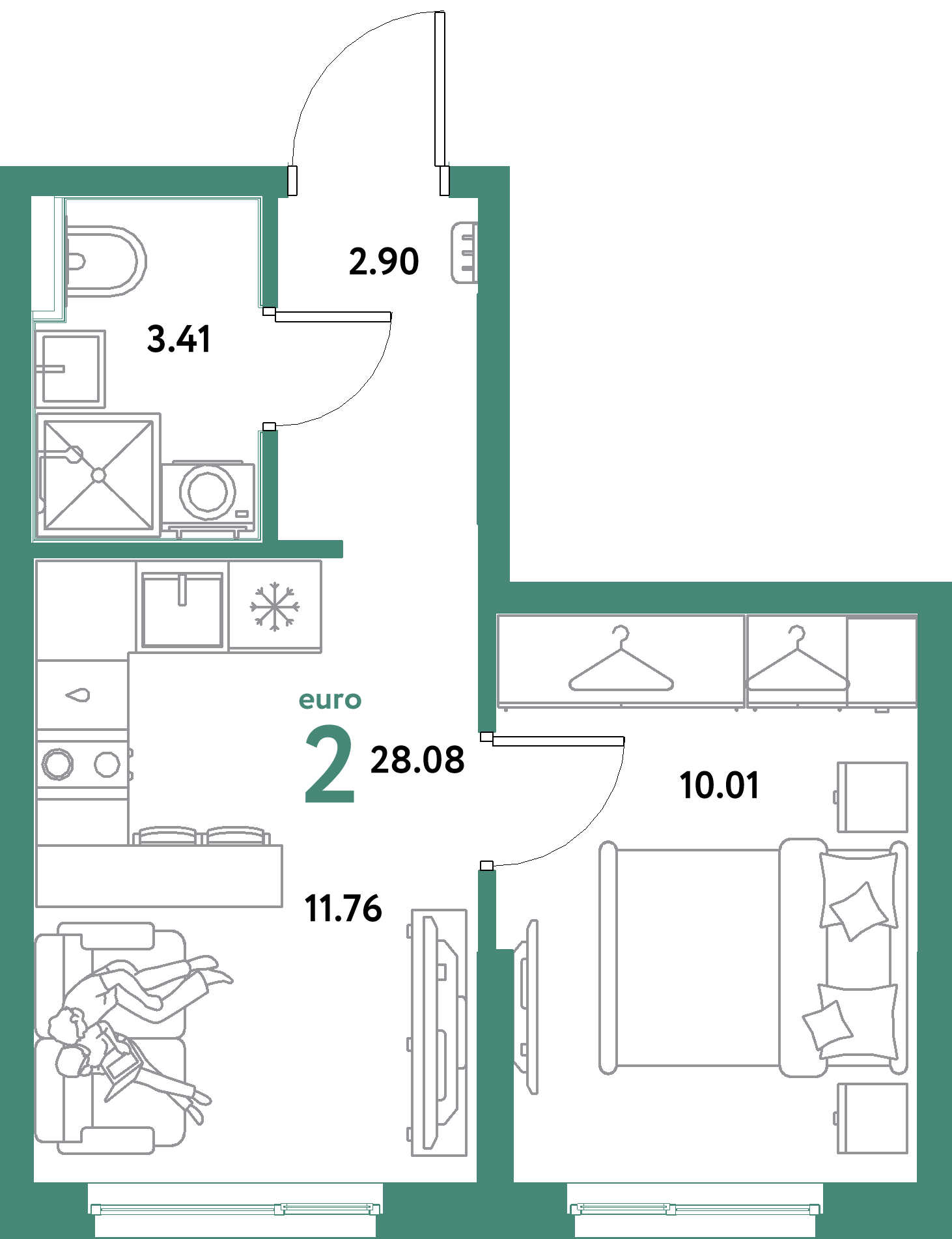 ЖК "Остров-сад"-2-комнатная 28.08 м²