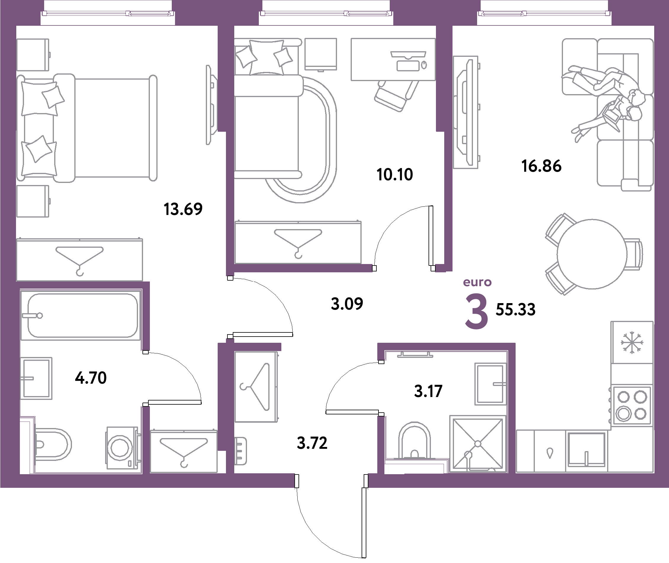 ЖК "Остров-сад"-3-комнатная 55.33 м²