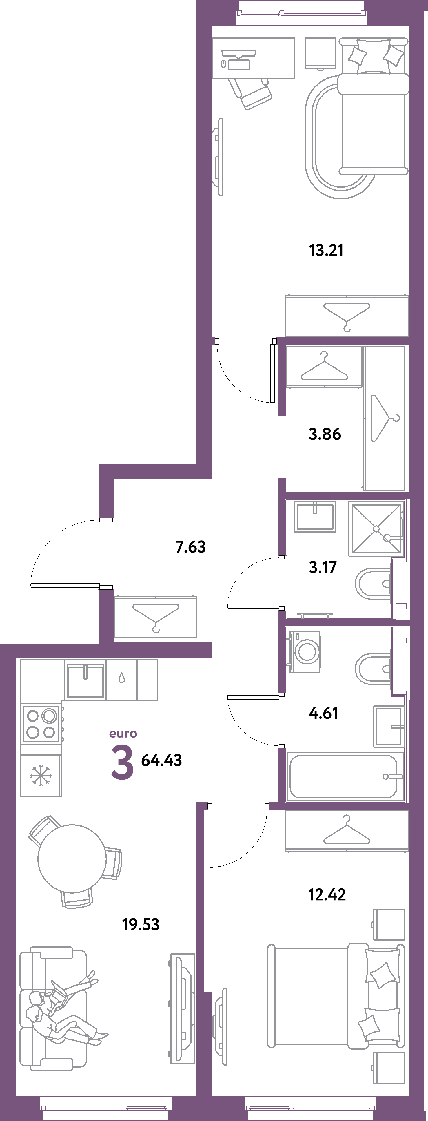 ЖК "Остров-сад"-3-комнатная 64.43 м²