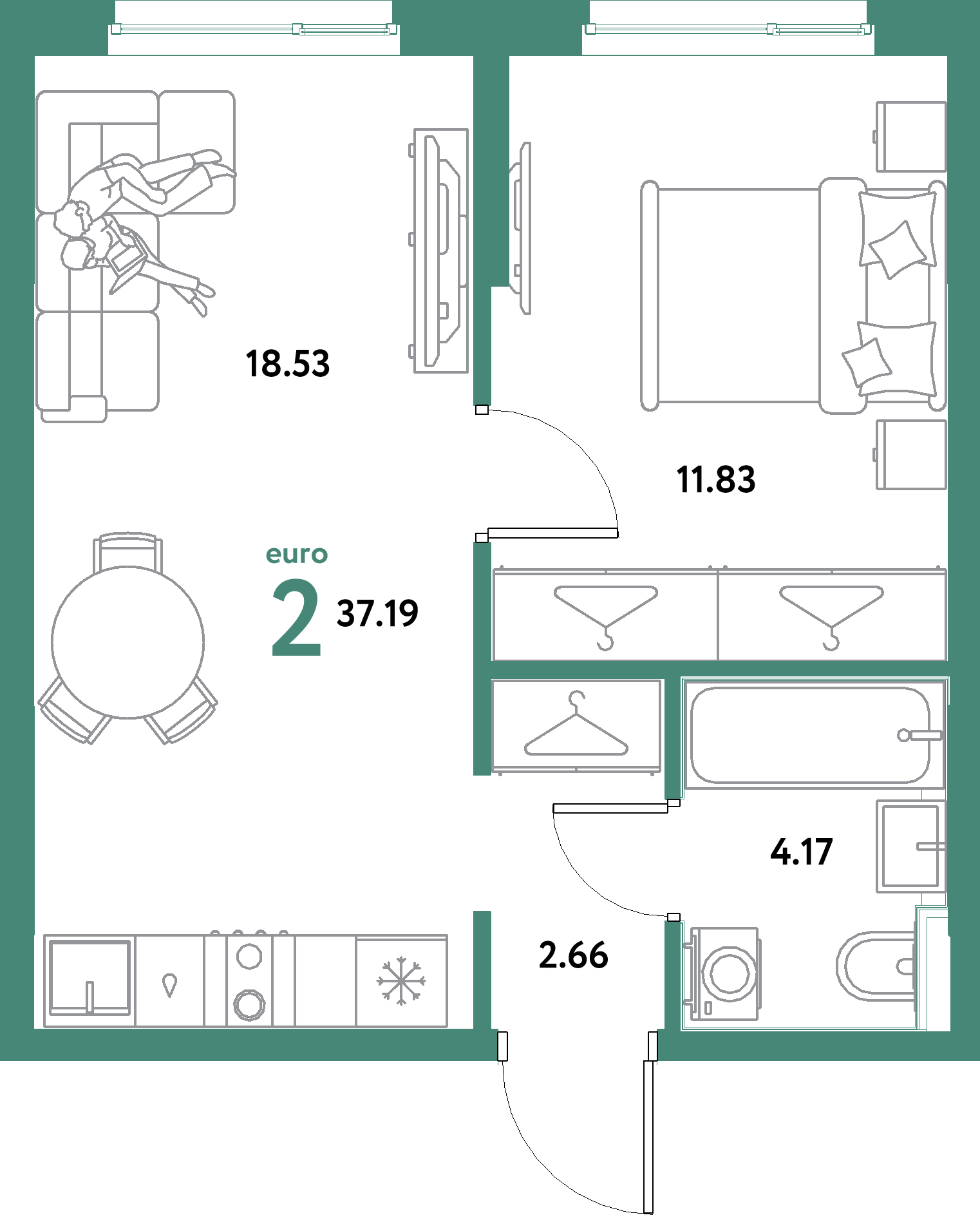 ЖК "Остров-сад"-2-комнатная 37.19 м²