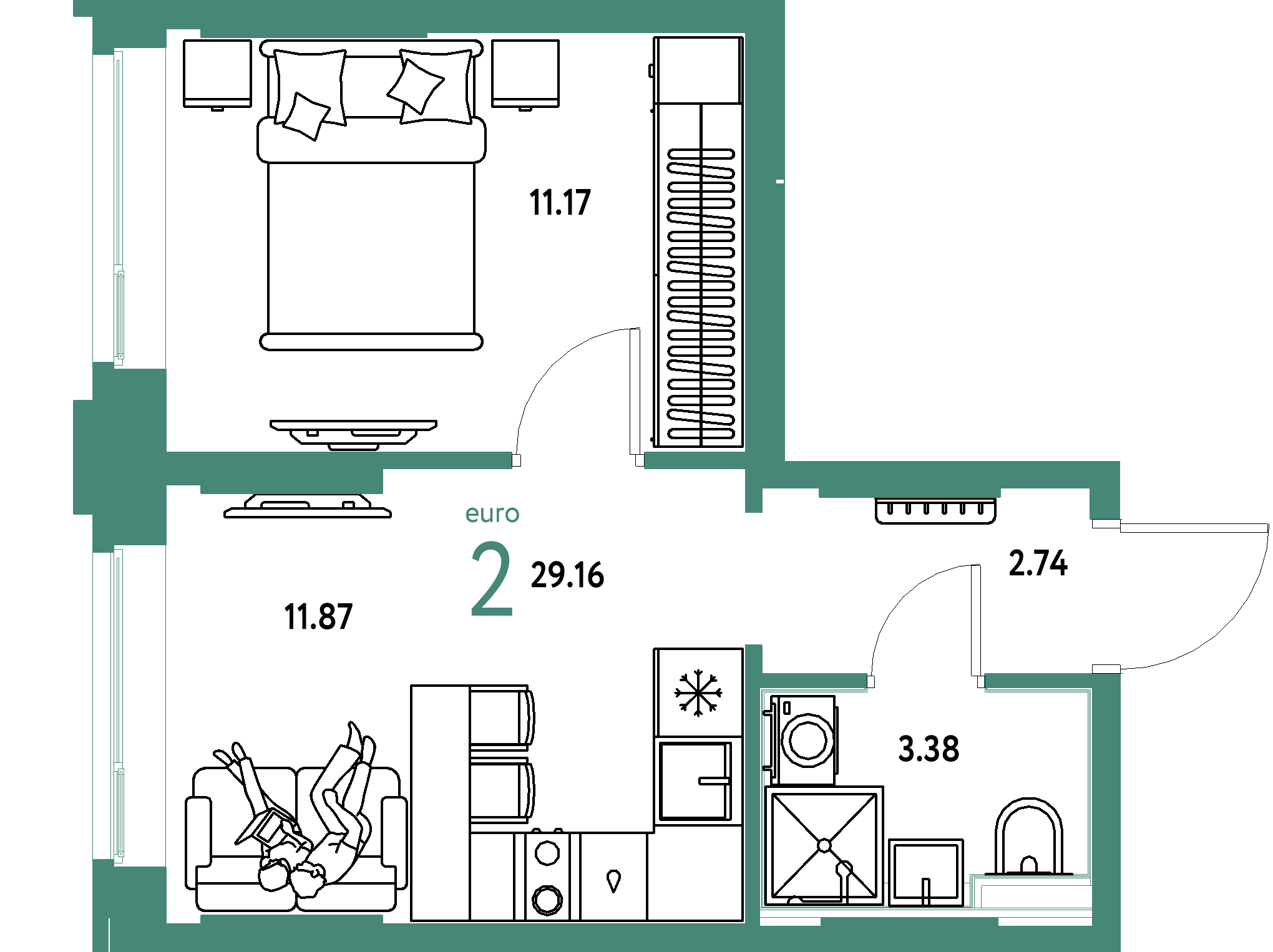 ЖК "Сердце Сибири"-2-комнатная 29.16 м²