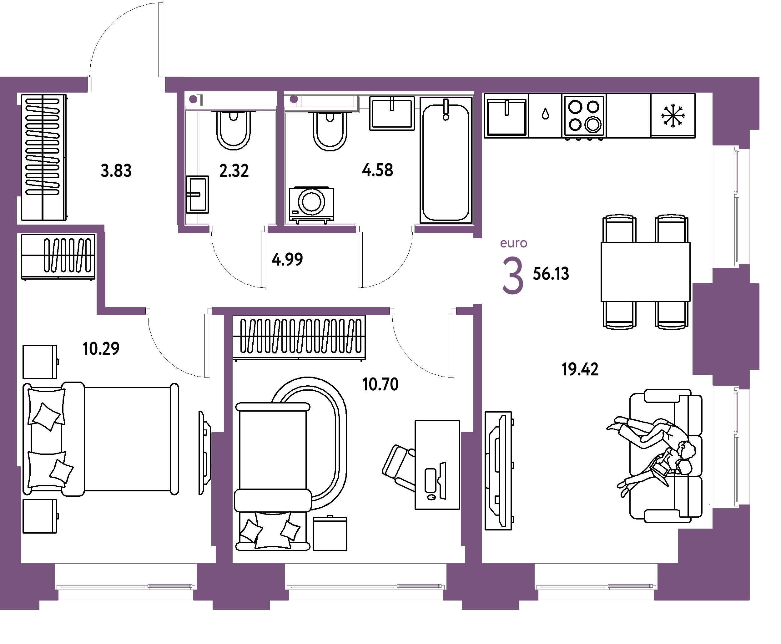 ЖК "Сердце Сибири"-3-комнатная 56.13 м²
