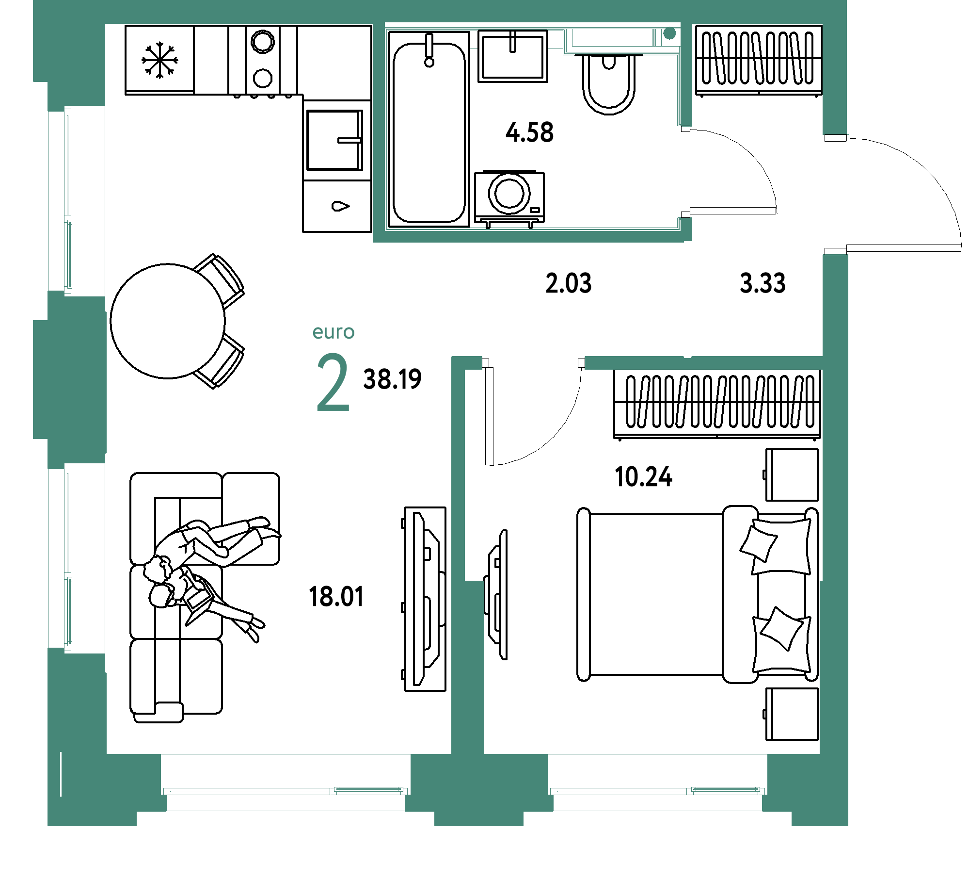 ЖК "Сердце Сибири"-2-комнатная 38.19 м²
