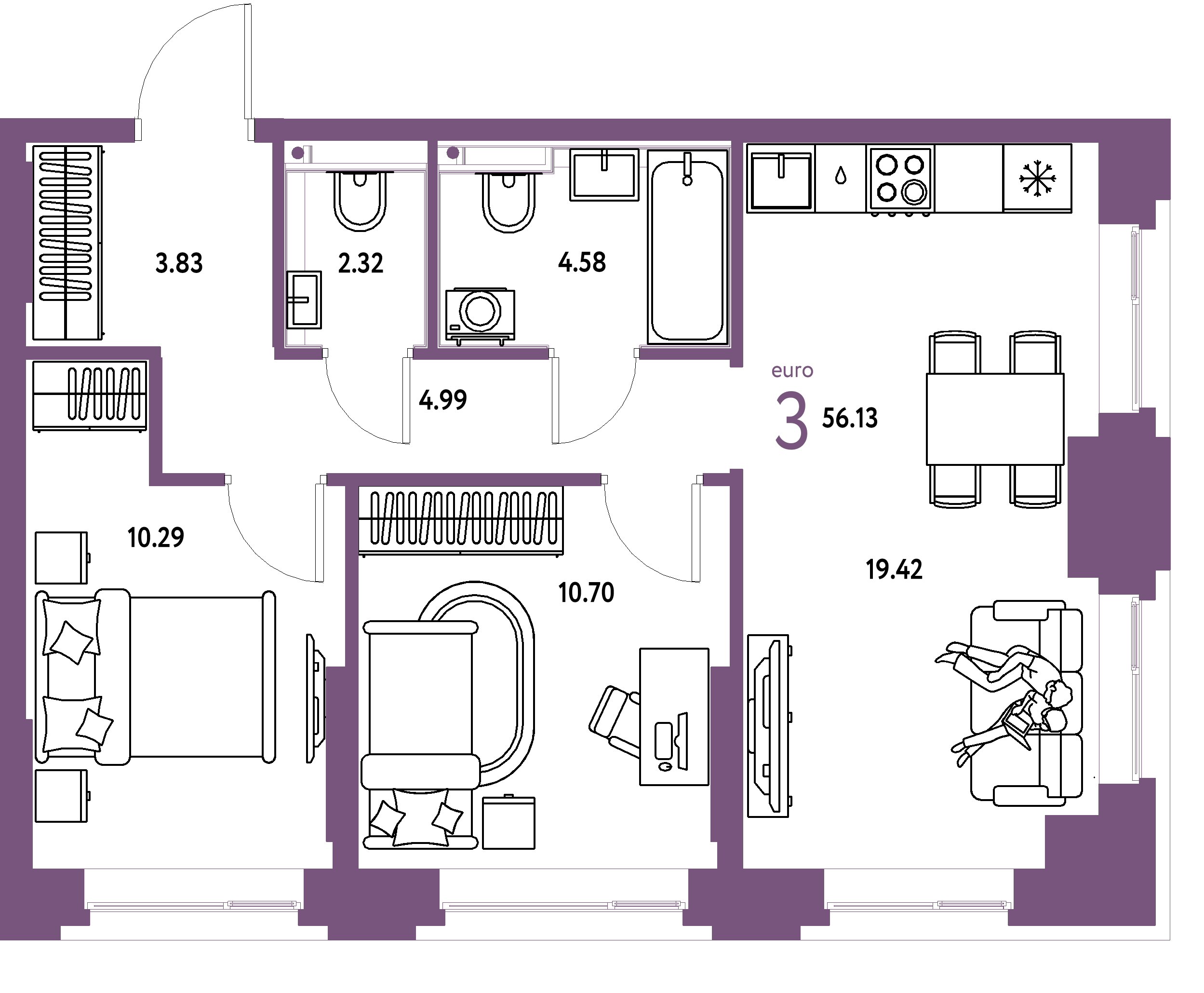 ЖК "Сердце Сибири"-3-комнатная 56.13 м²