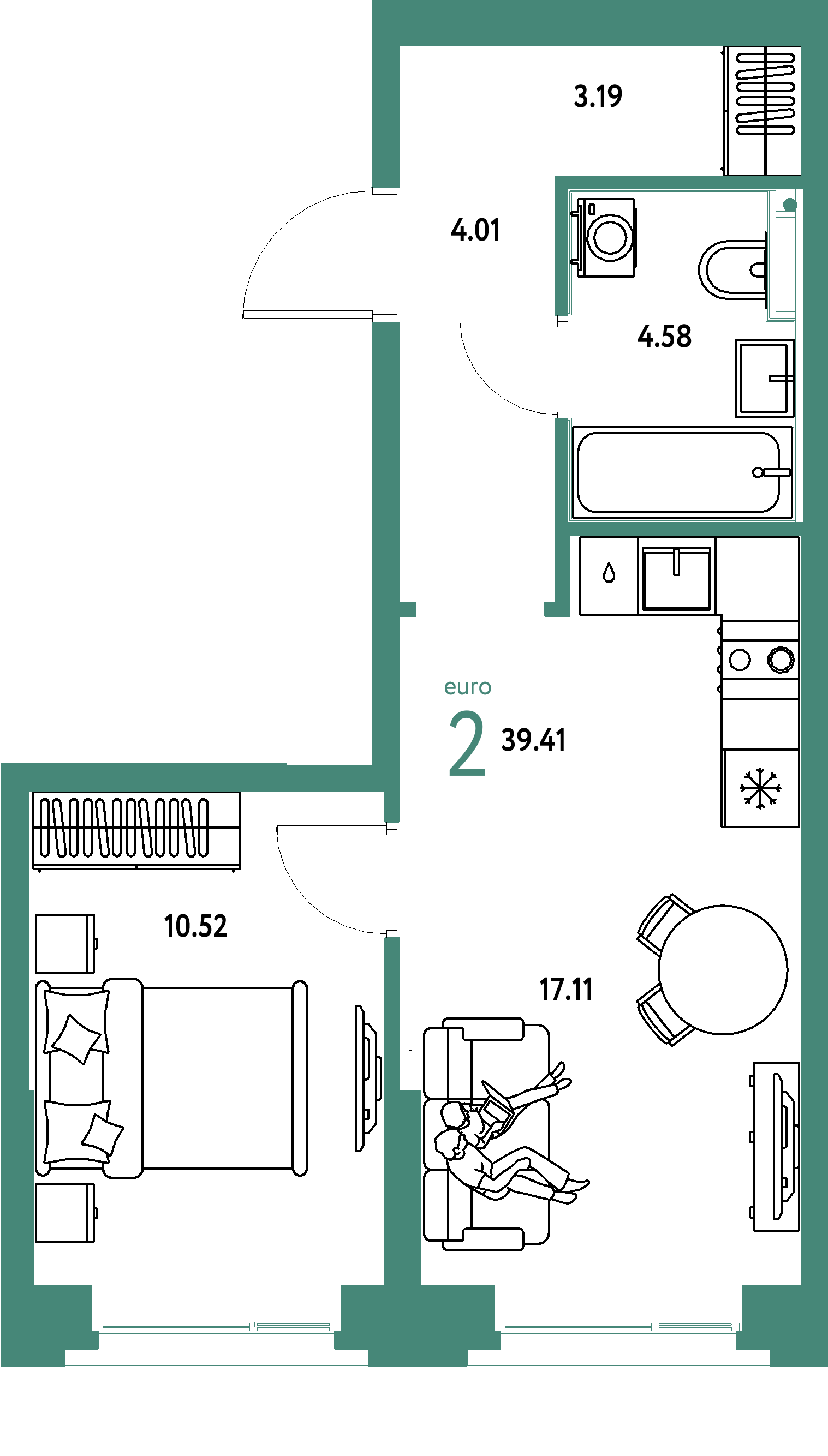 ЖК "Сердце Сибири"-2-комнатная 39.41 м²