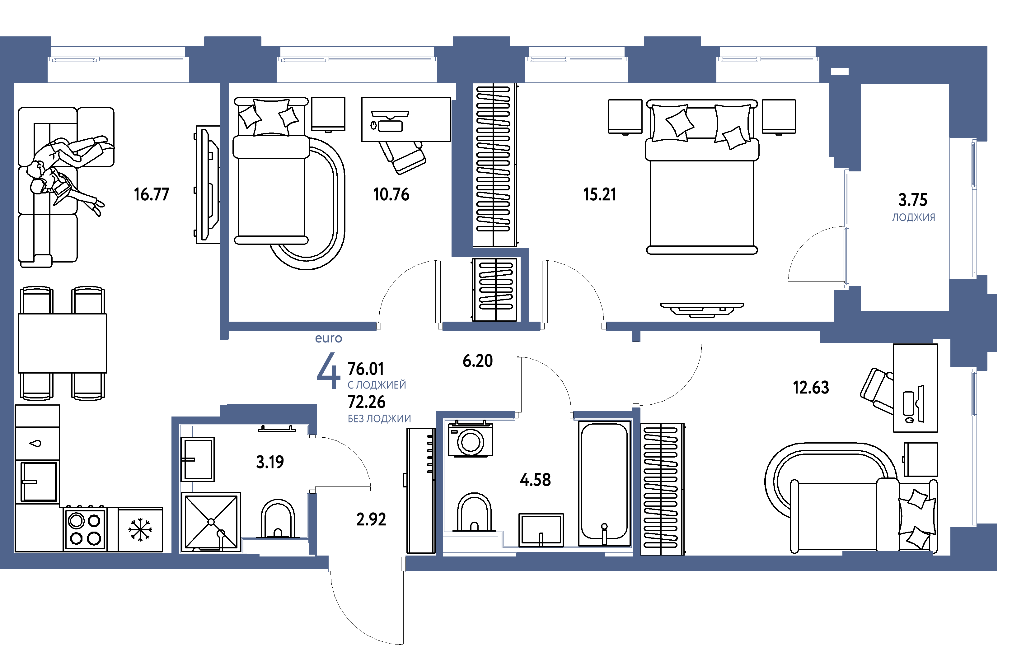 ЖК "Сердце Сибири"-4-комнатная 76.01 м²