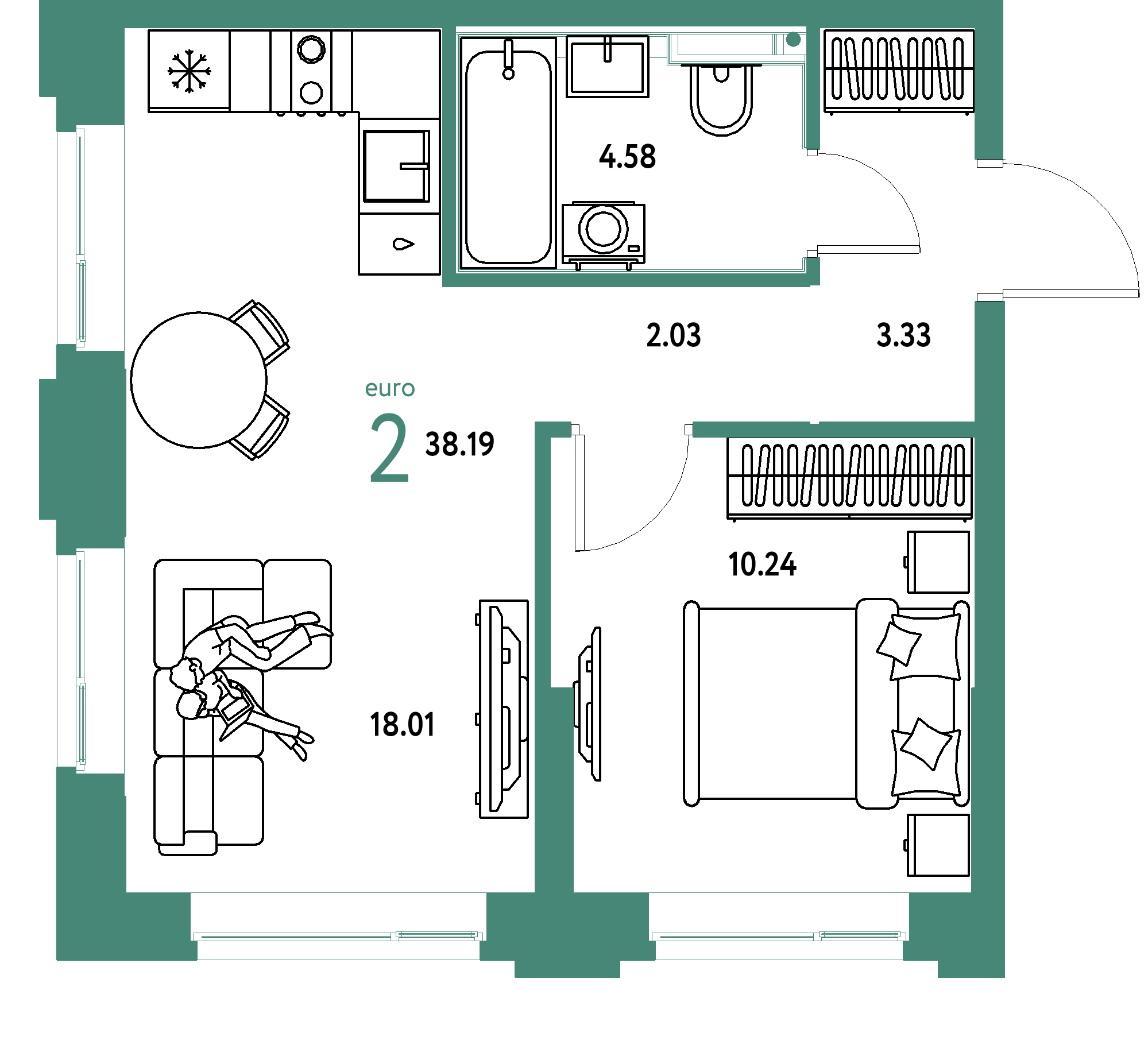 ЖК "Сердце Сибири"-2-комнатная 38.19 м²