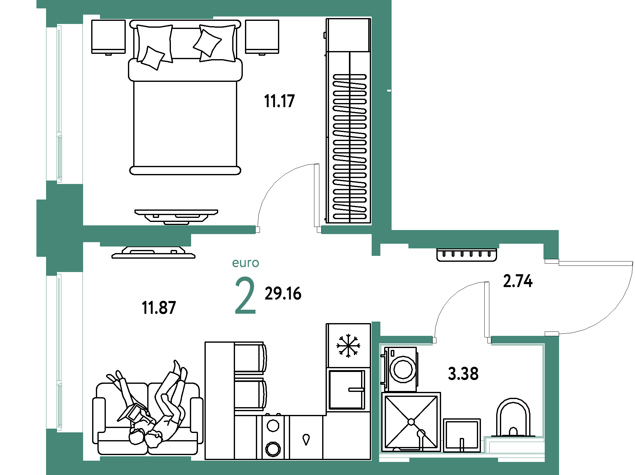 ЖК "Сердце Сибири"-2-комнатная 29.16 м²