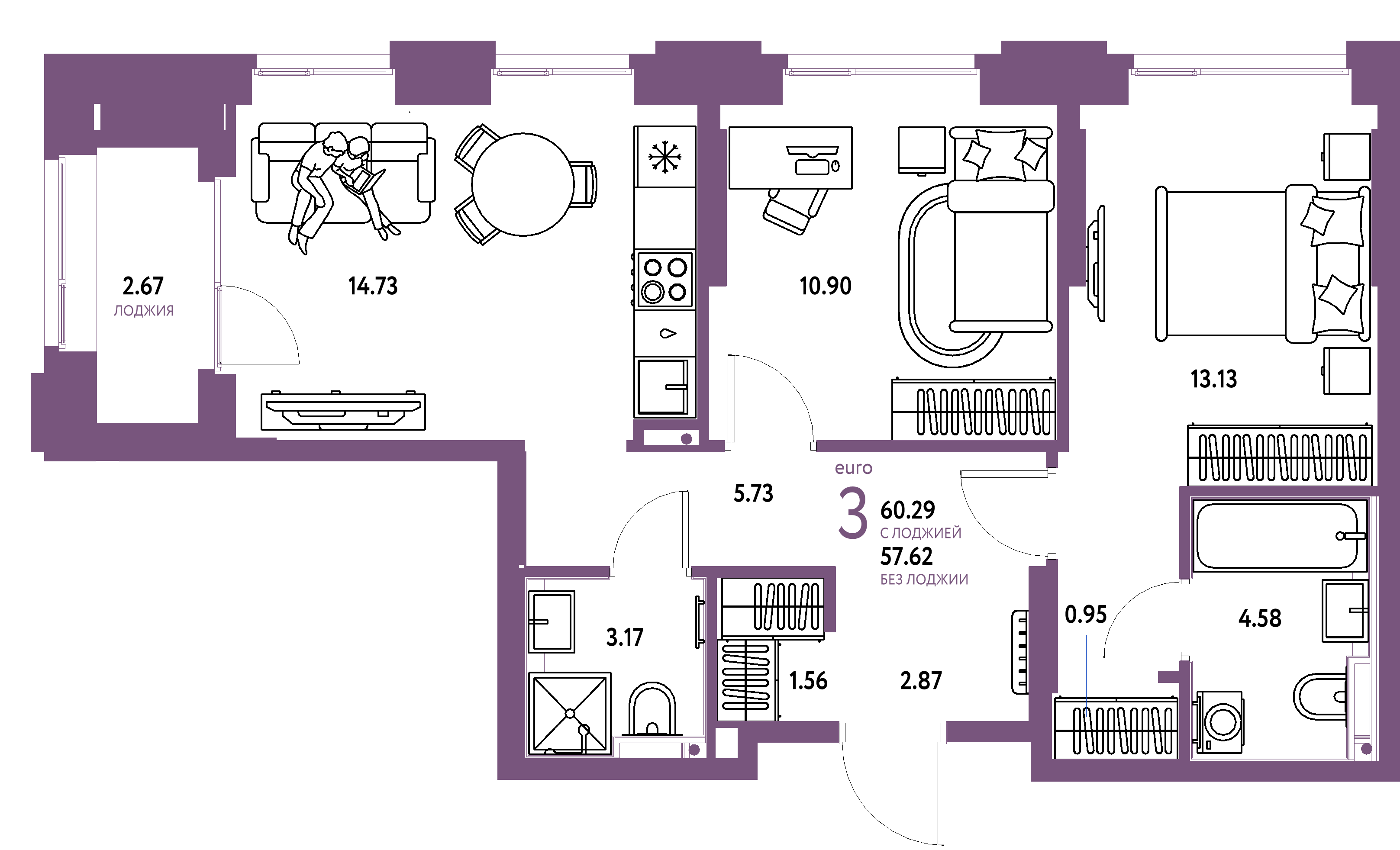 ЖК "Сердце Сибири"-3-комнатная 60.29 м²
