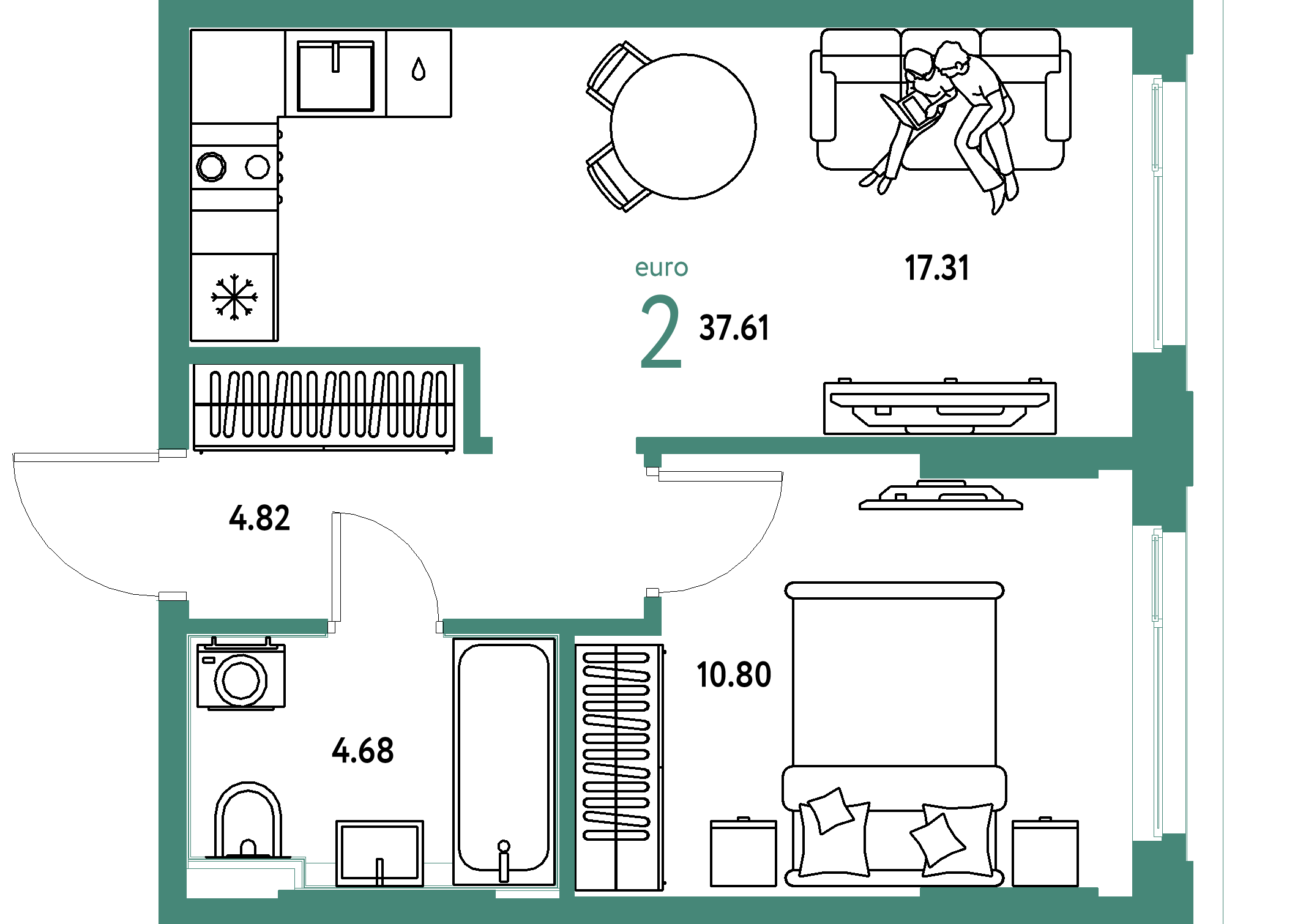 ЖК "Сердце Сибири"-2-комнатная 37.61 м²