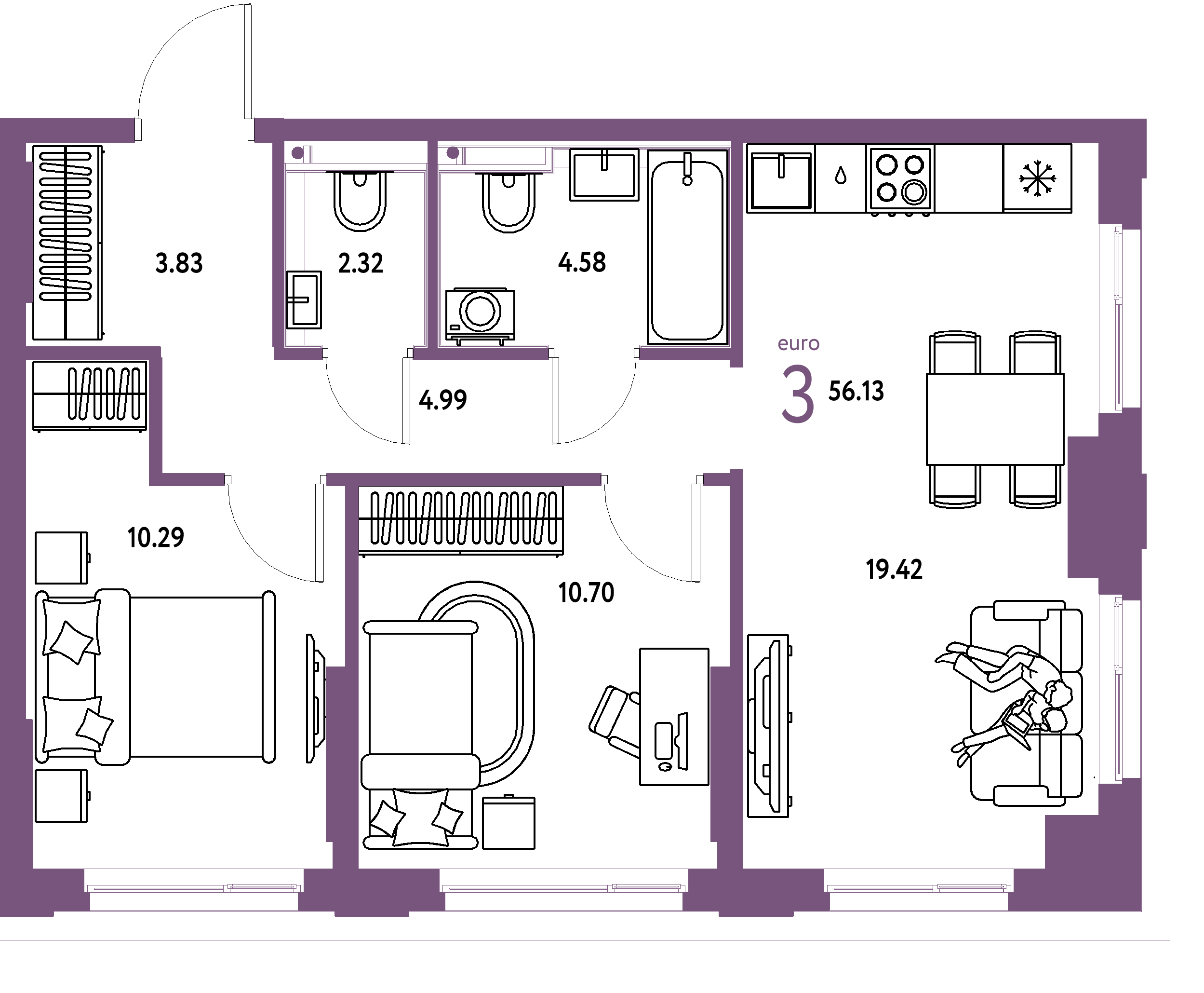 ЖК "Сердце Сибири"-3-комнатная 56.13 м²