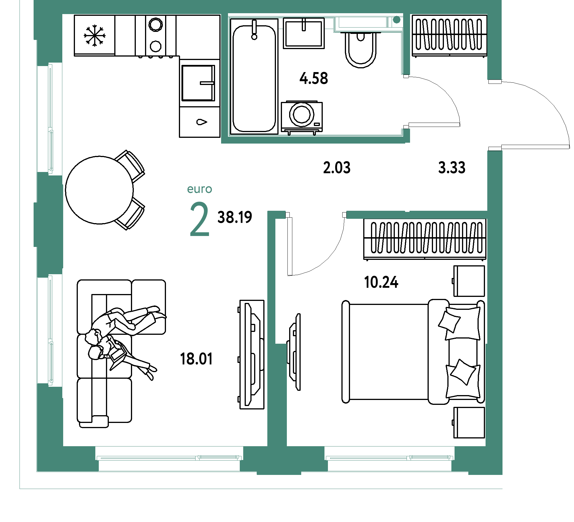 ЖК "Сердце Сибири"-2-комнатная 38.19 м²