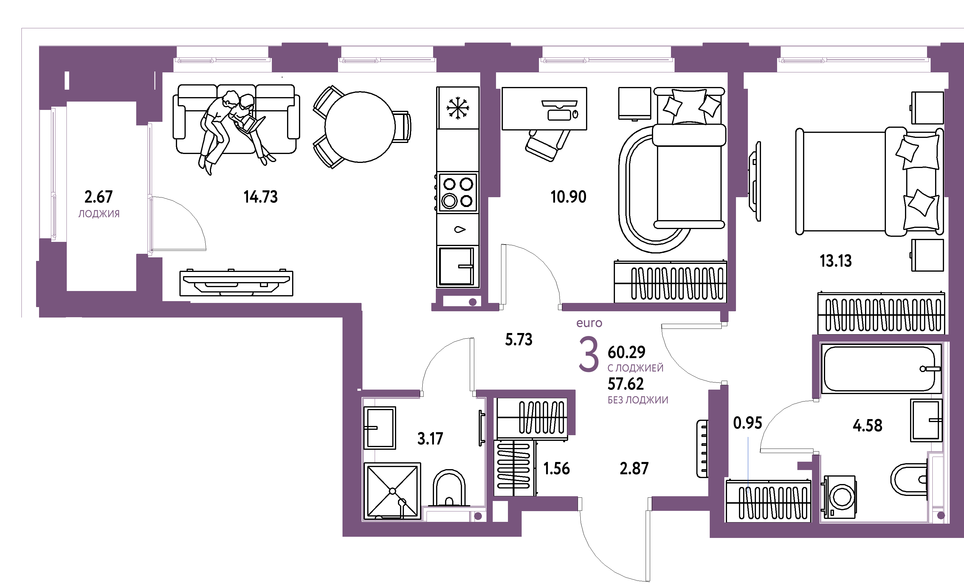 ЖК "Сердце Сибири"-3-комнатная 60.29 м²